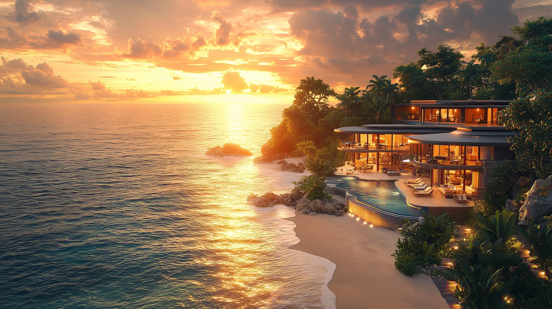 Hôtel-boutique caribéen au coucher de soleil, vue immersive haut de gamme pour concept Signature Caribéenne