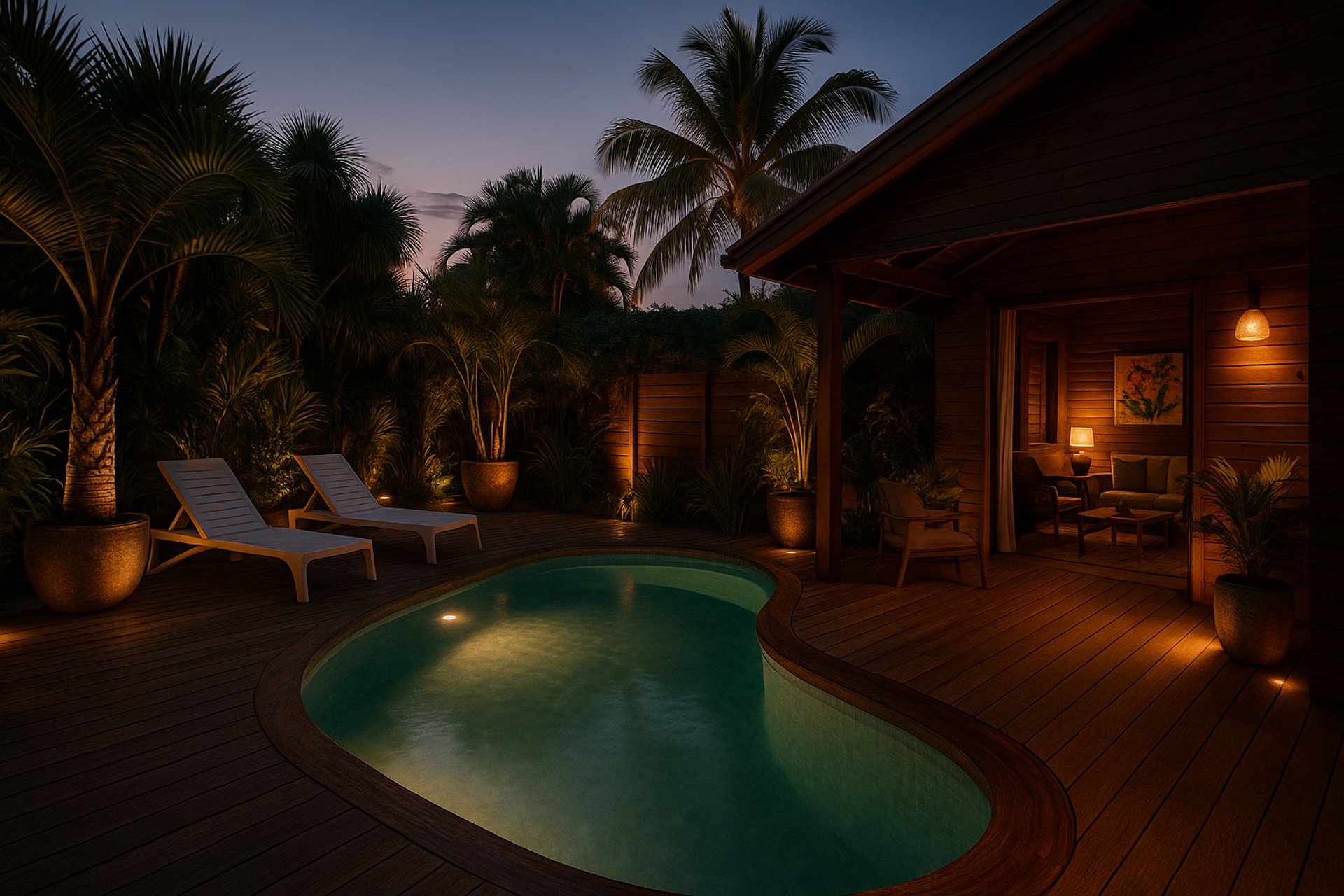 Éco-lodge de luxe dans les Caraïbes avec piscine à débordement, vue mer, plage de sable blanc et jardin tropical – concept hô