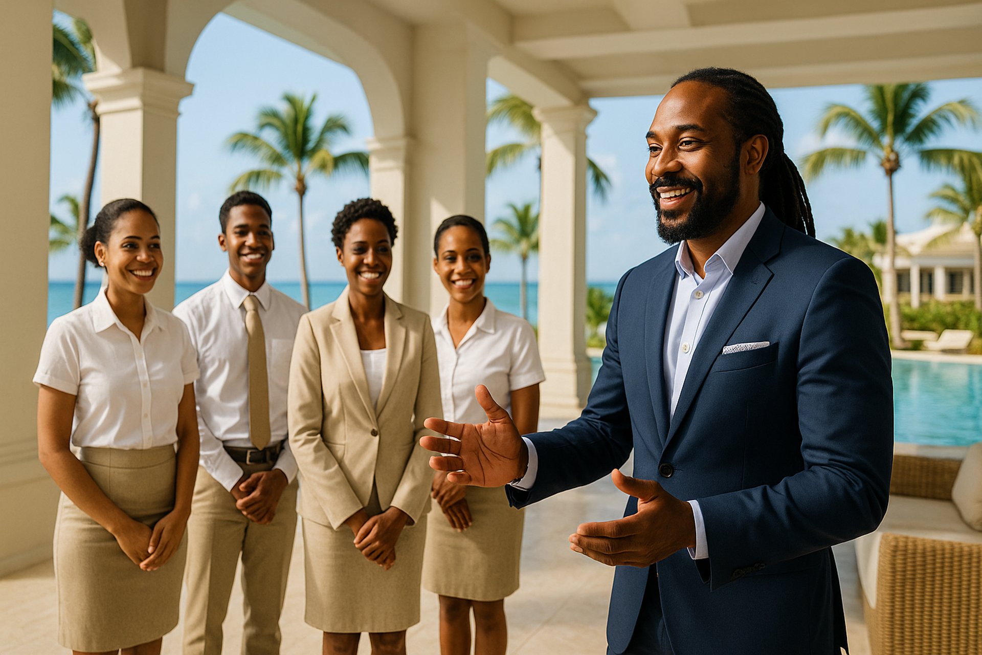 Coach en formation hôtelière haut de gamme avec équipe dans un hôtel caribéen de luxe