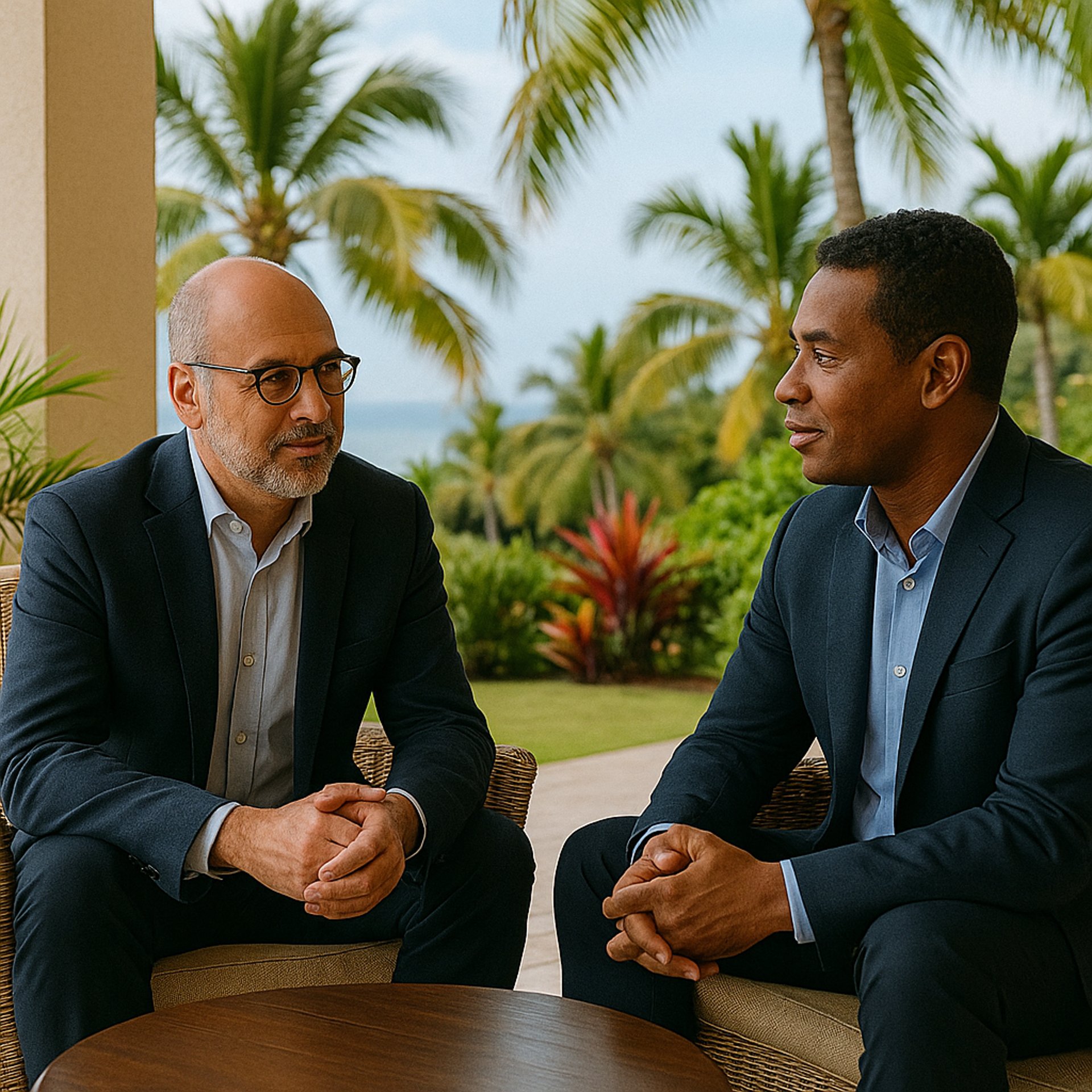 Rencontre stratégique entre dirigeant hôtelier et formateur dans un cadre tropical chic et professionnel