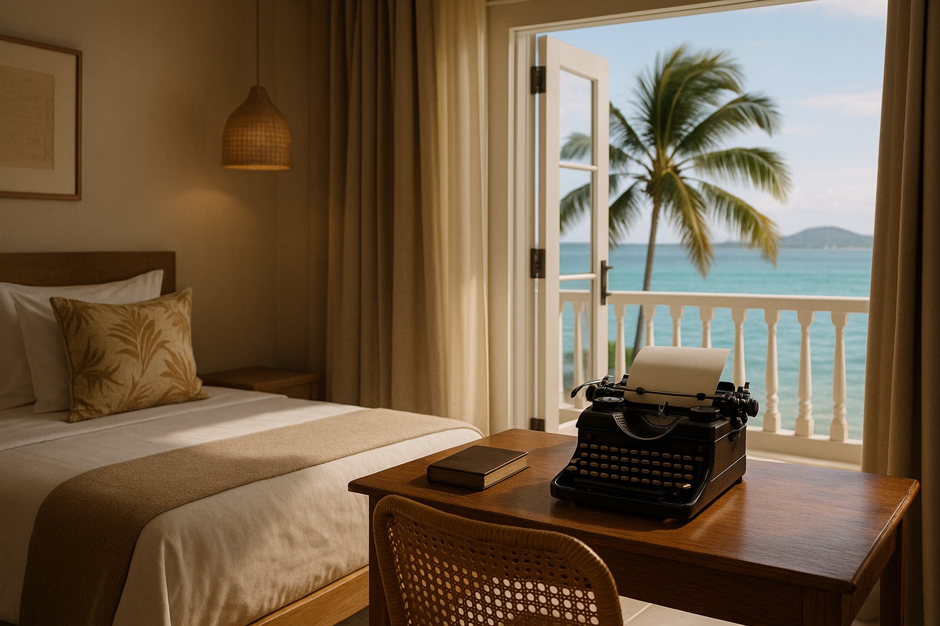 Chambre d’hôtel caribéenne élégante avec machine à écrire et vue sur la mer, symbolisant la création de storytelling hôtelier