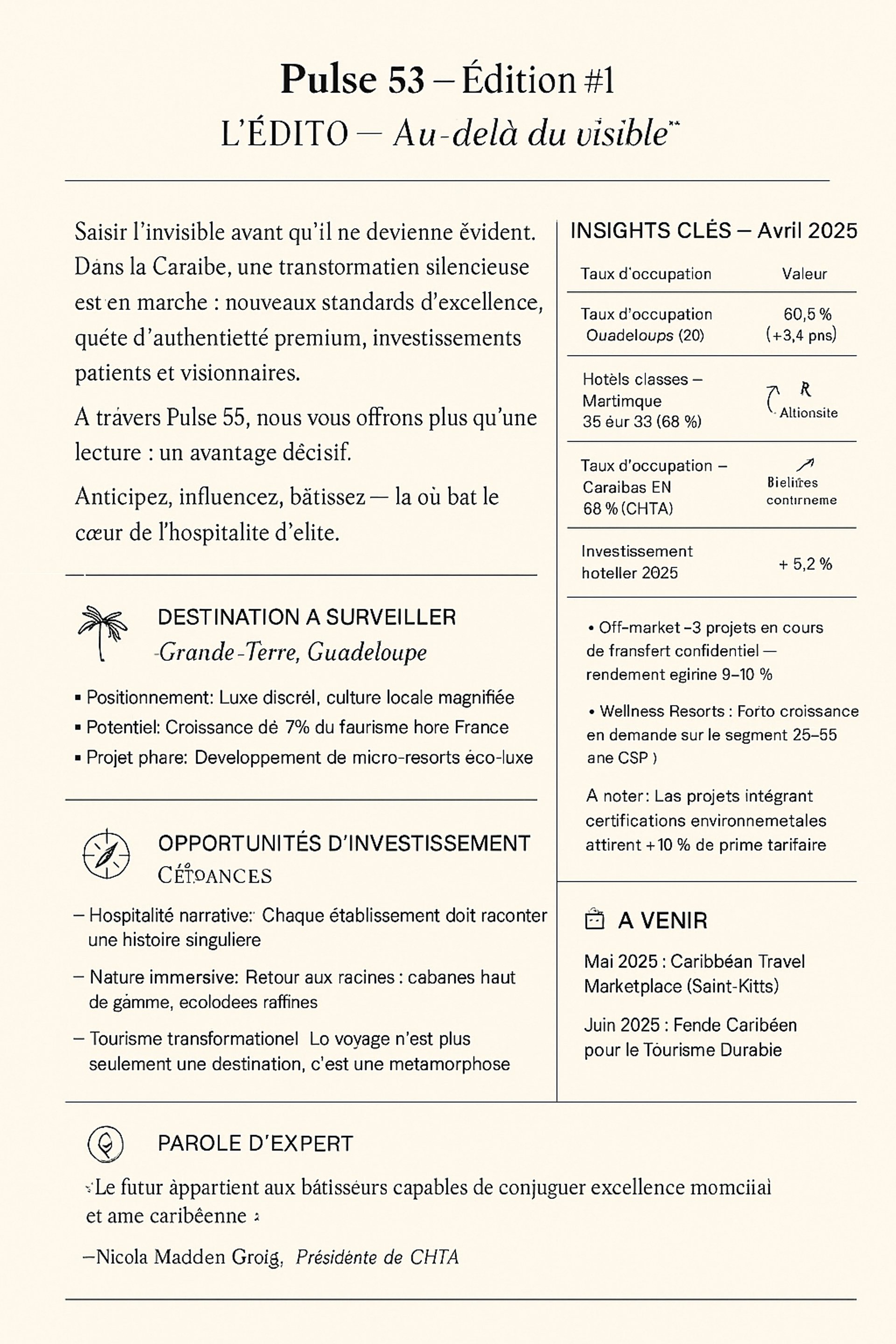 Maquette visuelle de la newsletter Pulse 53, signée Bruno Valery Hospitality, source d’insights, de tendances et de stratégie