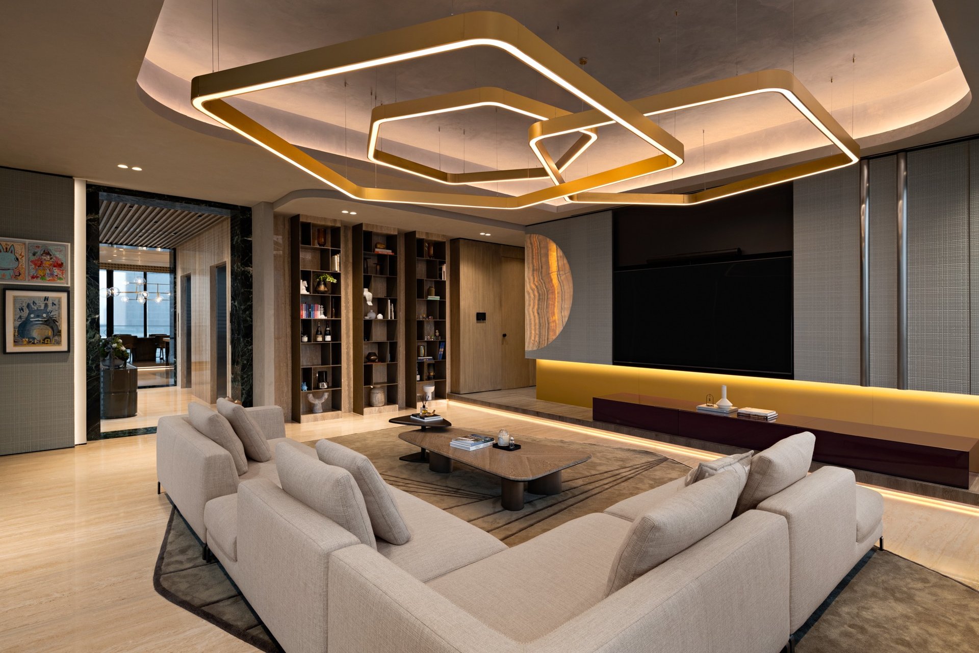 an abstract photo of a curved building with a blue sky in the background