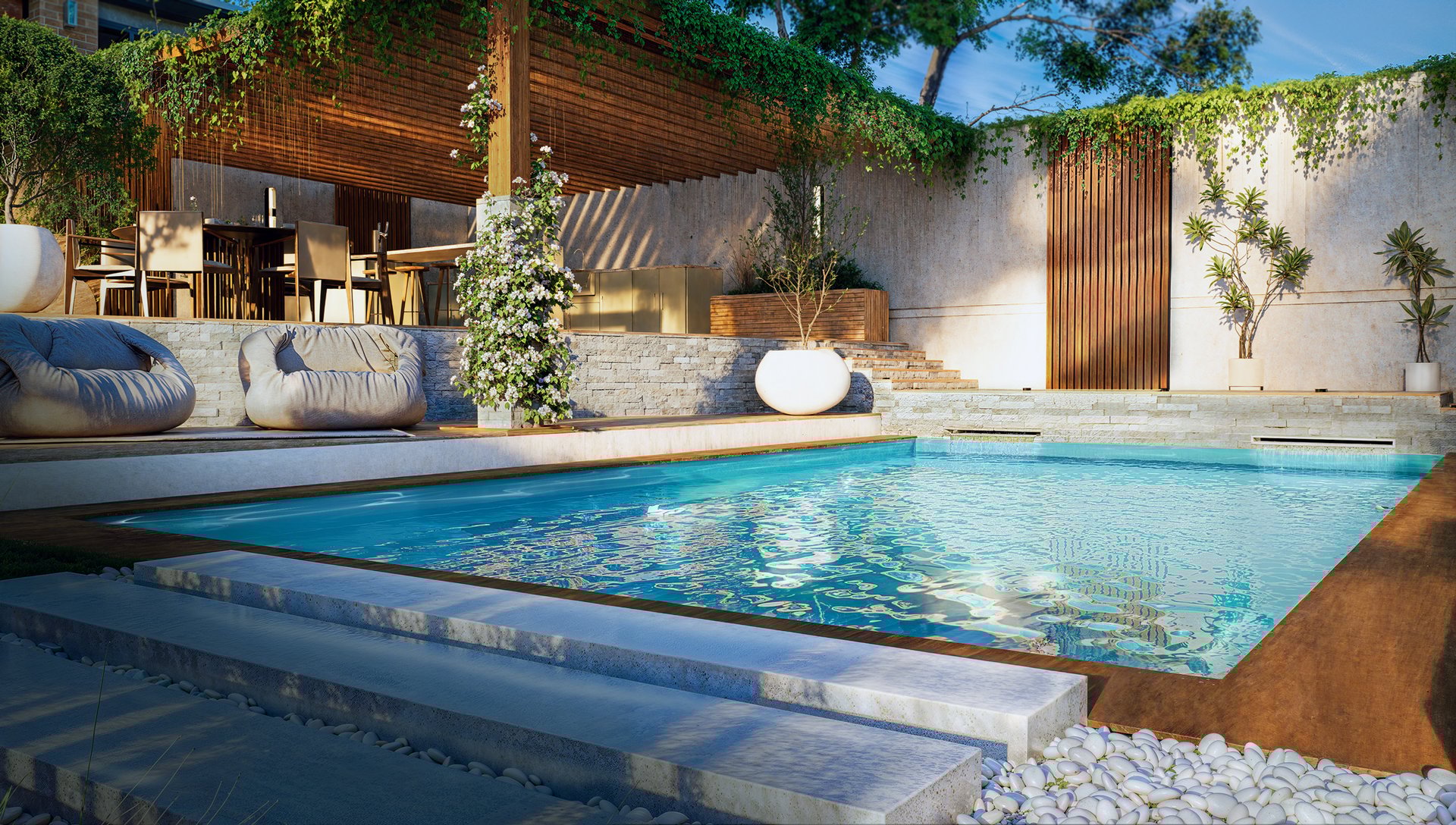 Rendu 3D piscine haut de gamme et pergola, materiaux premium