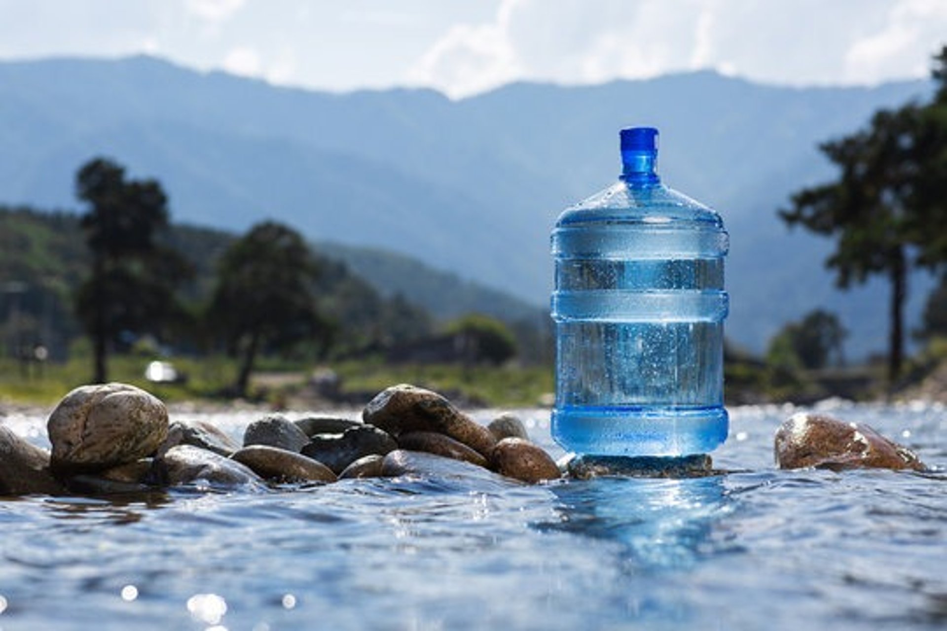 blue labeled bottled water on brown rock
