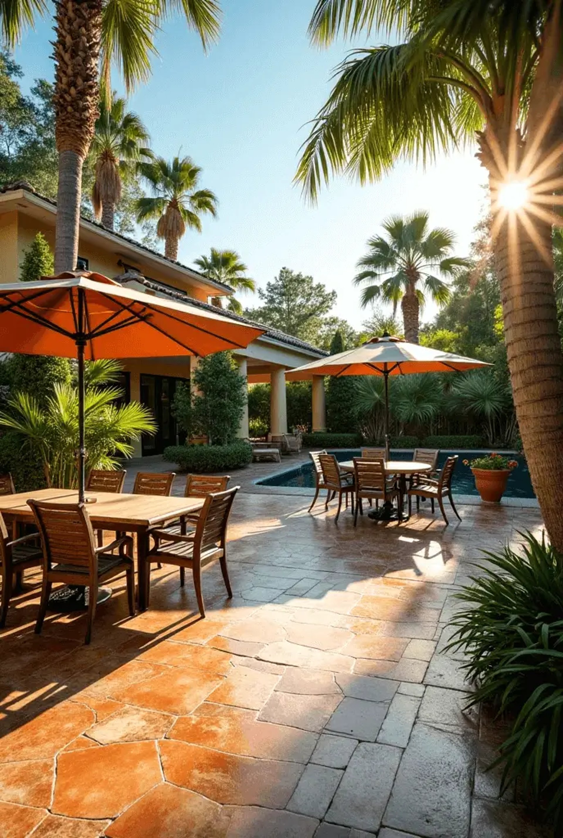 a stamped concrete patio with a table and chairs and umbrellas