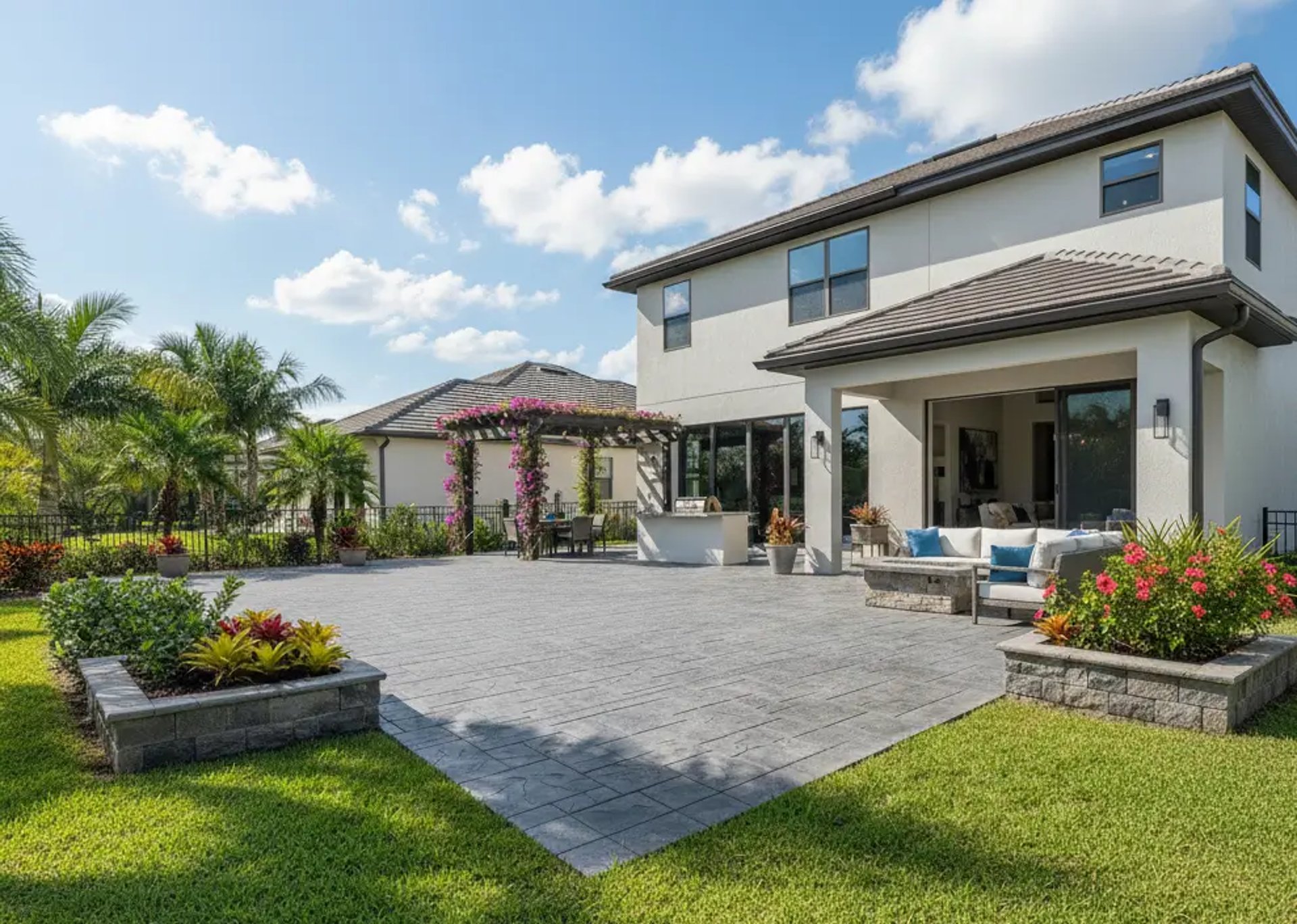 Stamped concrete patio with natural stone texture in Apopka, FL backyard