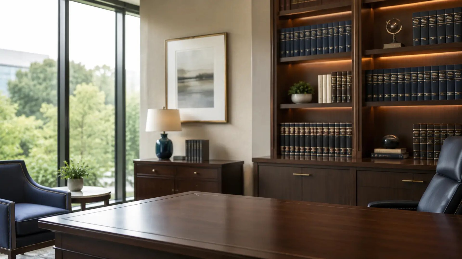Modern minimalist law office interior with a desk, large windows, and a bookshelf filled with law books in the background.