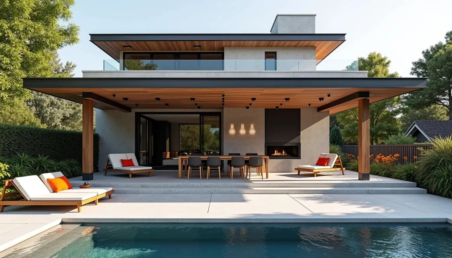 a beautiful house with a clean concrete patio and pool deck