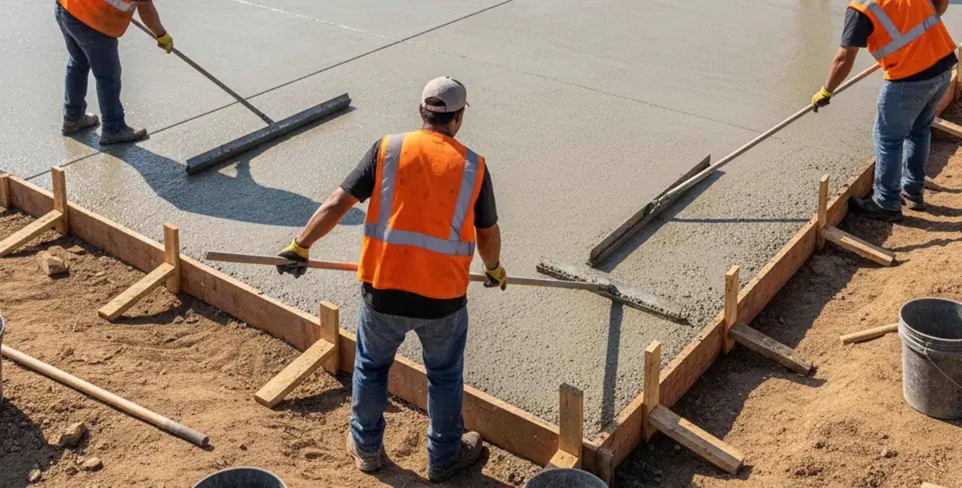 Men in safety orange vest working on freshly poured concrete driveway in Davis, CA