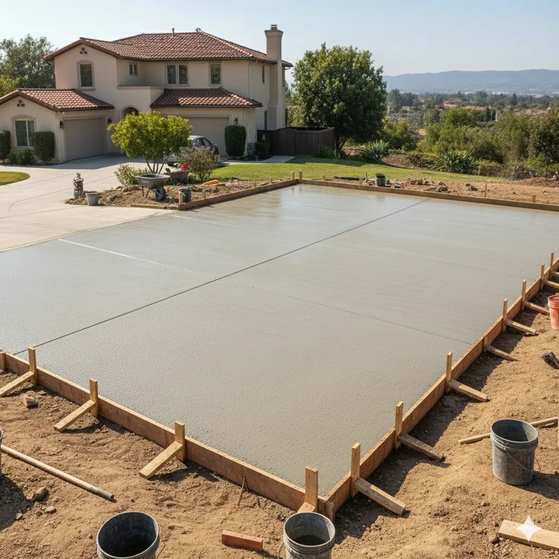 Big freshly made concrete driveway in Davis, CA