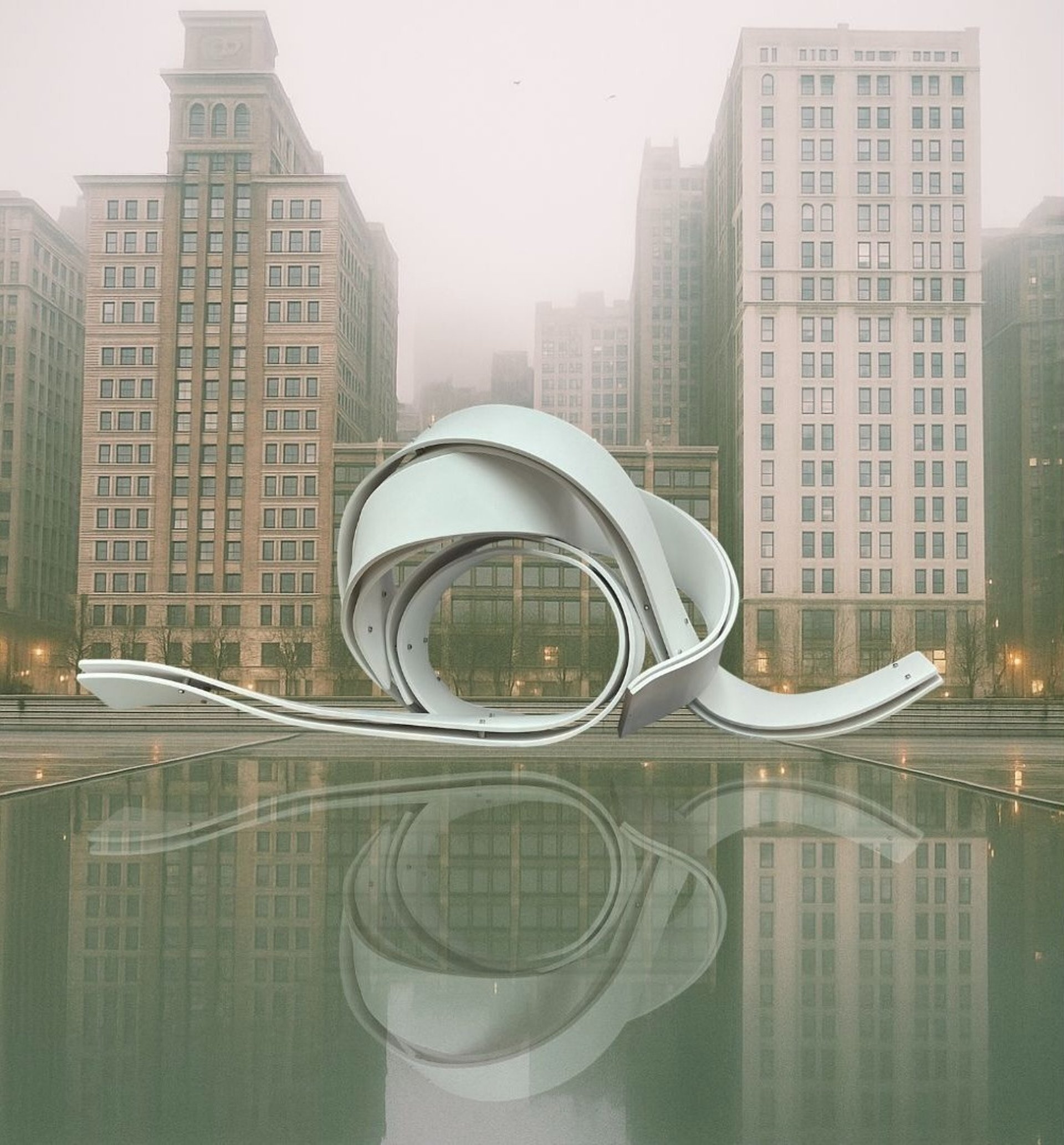 an abstract photo of a curved building with a blue sky in the background