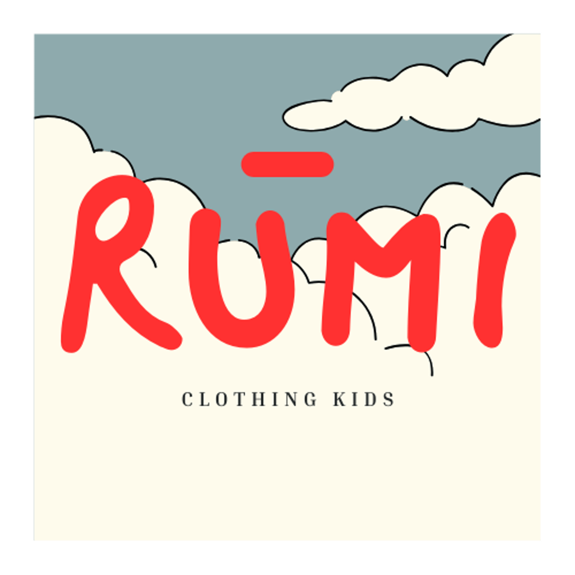 RŪMI Kidswear dengan teks merah bergaya playful dan latar awan ilustratif.