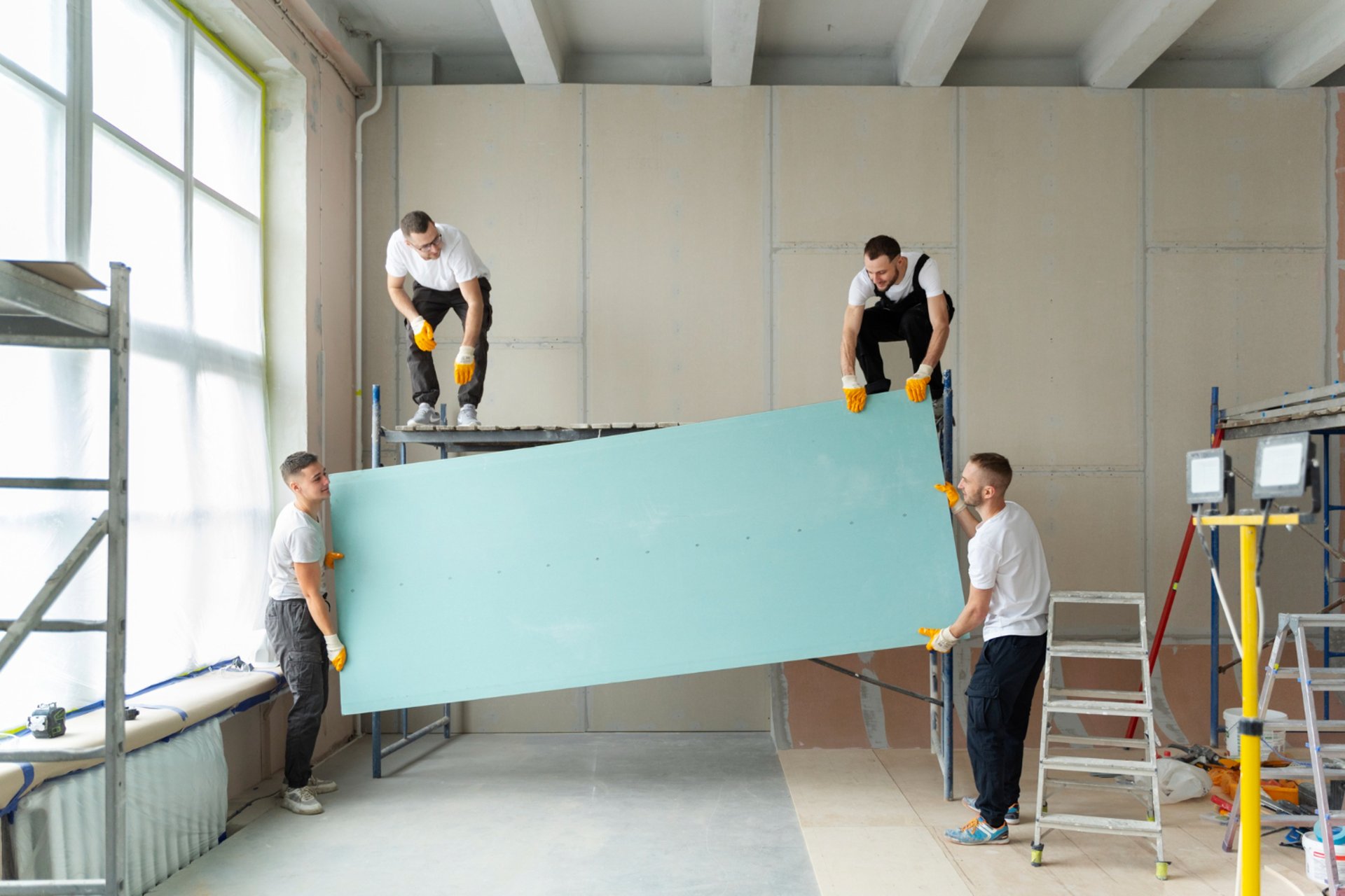 man climbing on ladder inside room