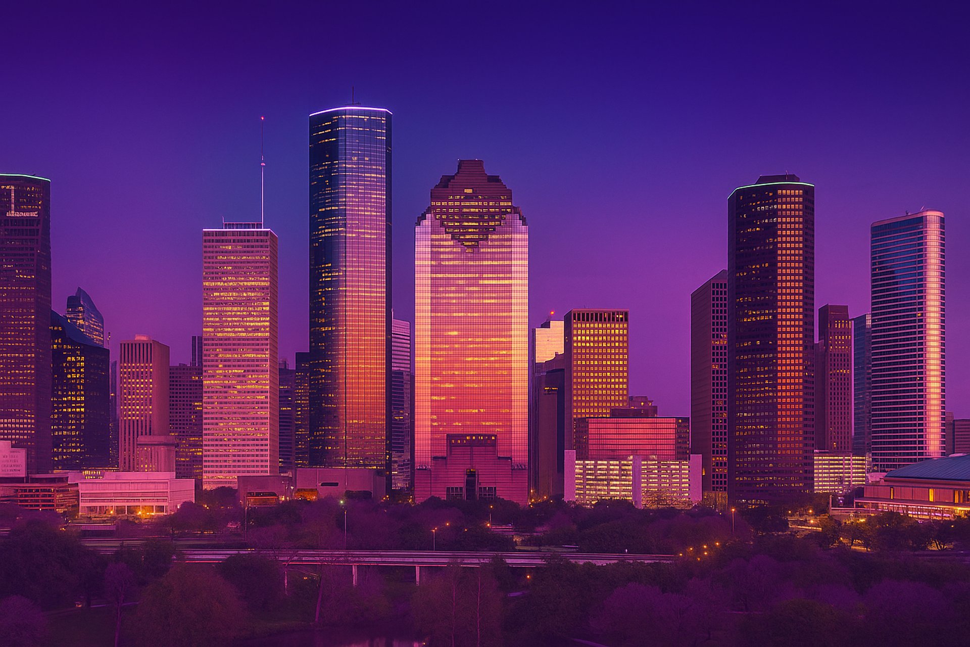 a grassy field with buildings in the background
