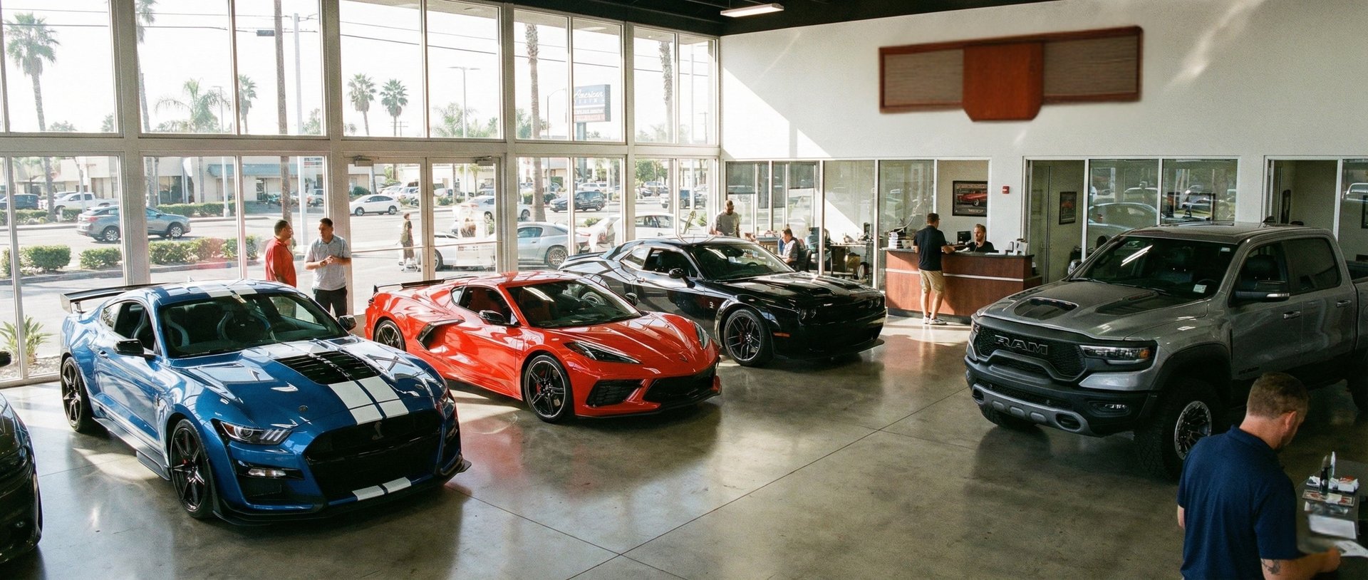 Interior del concesionario Juanjo American Cars con amplia exposición de vehículos deportivos americanos listos para la venta