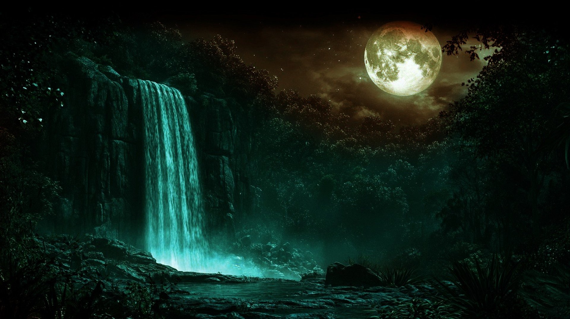 a full moon shines through the clouds over the ocean