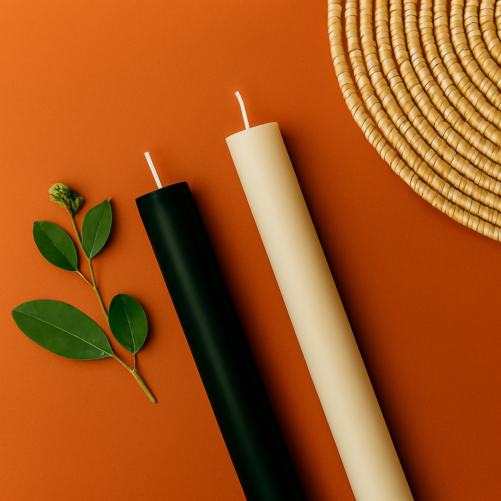 white pillar candles on brown and white floral textile