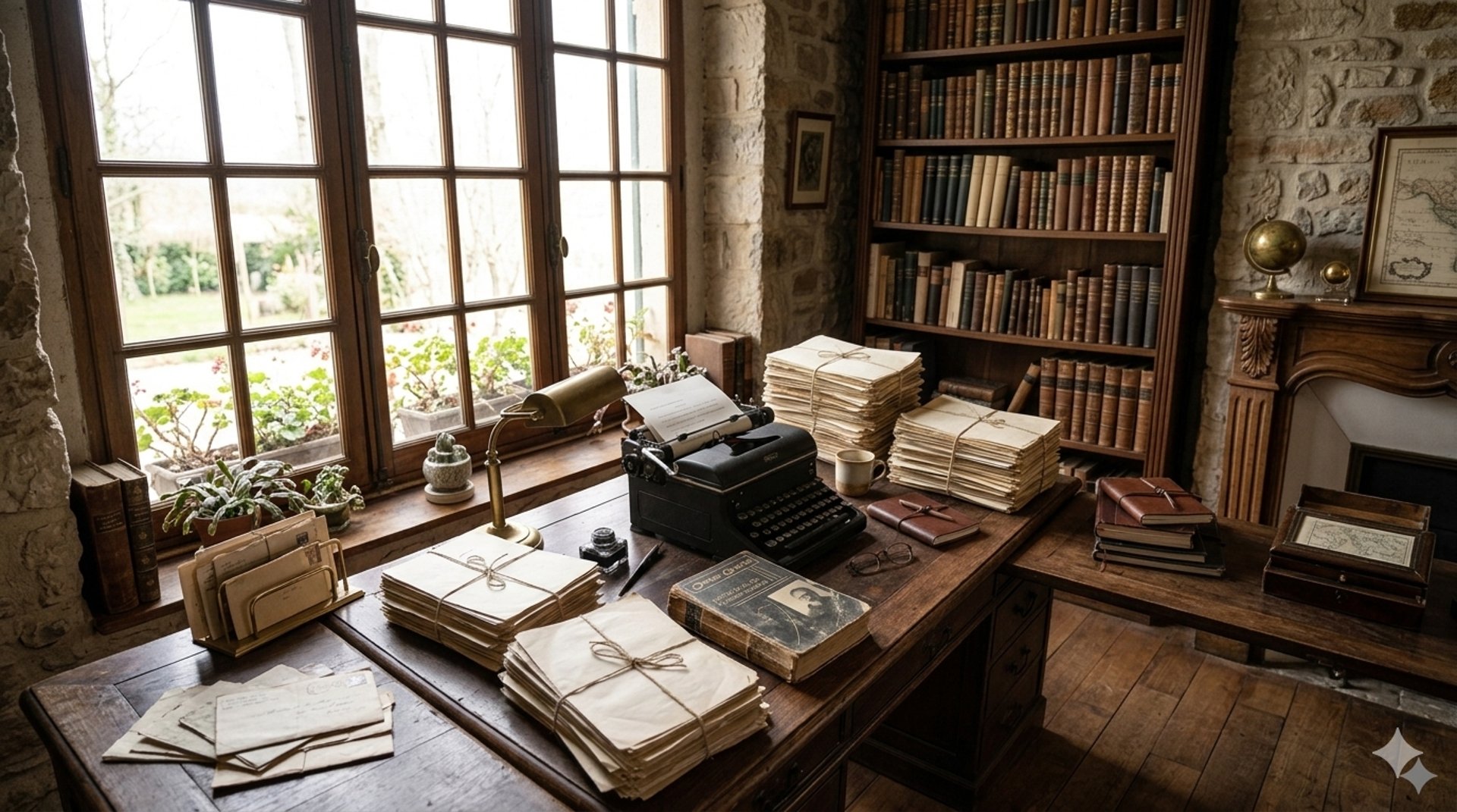 Imagen creada por IA recreando el espacio de trabajo personal de Óscar Ocaña Parrón, incluyendo su libro 'Teatro Oscuro'