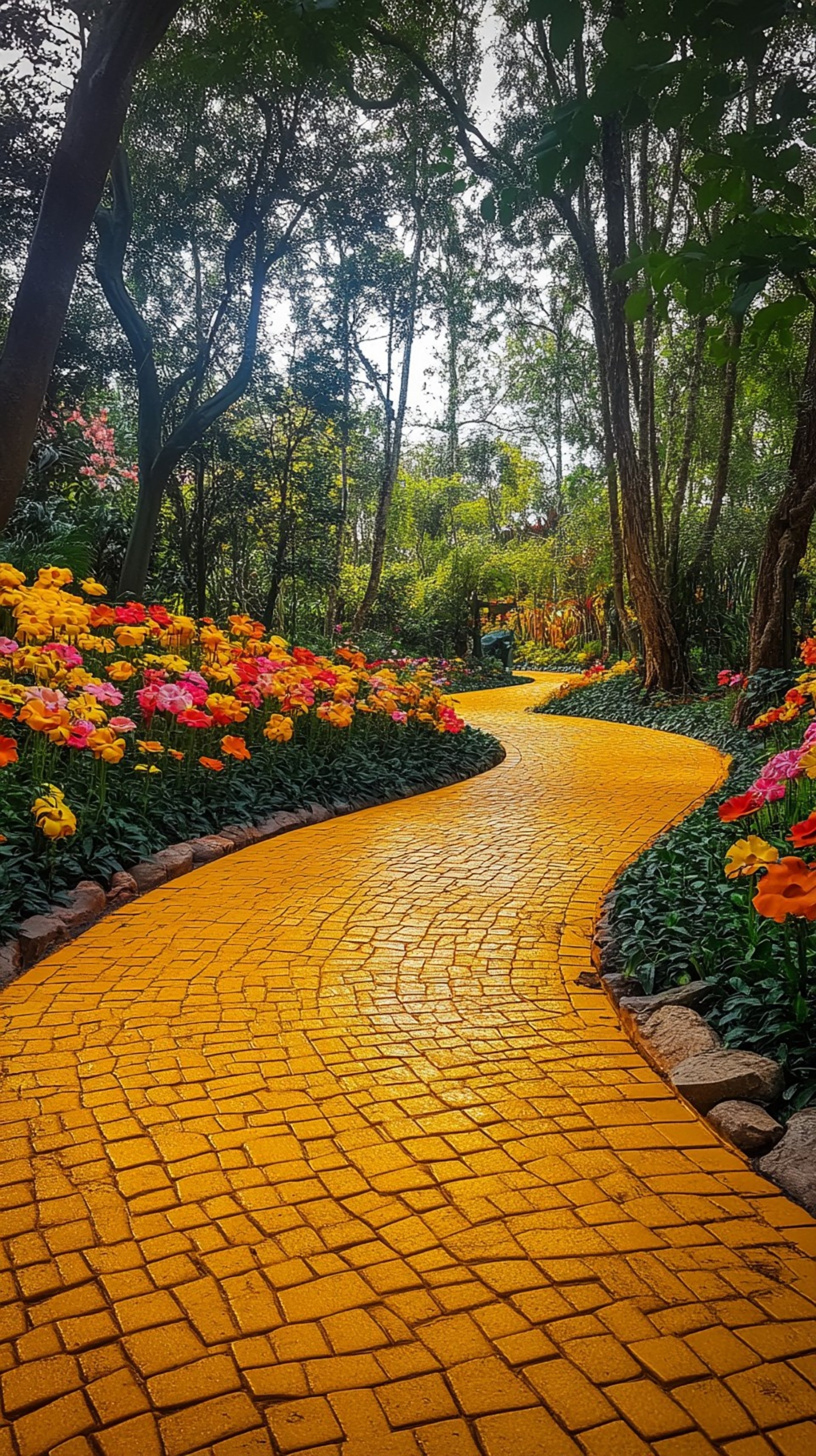 a brick road with a rainbow painted on the side of it