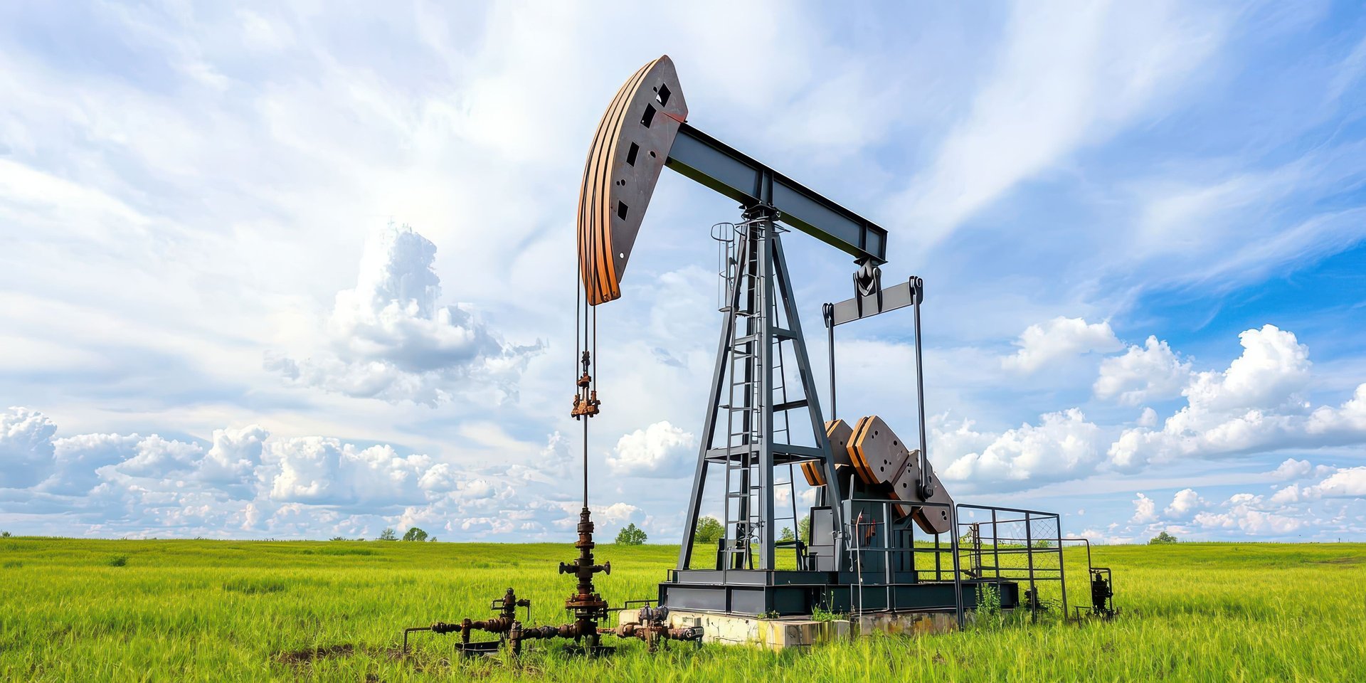 a group of oil pumps sitting on top of a field