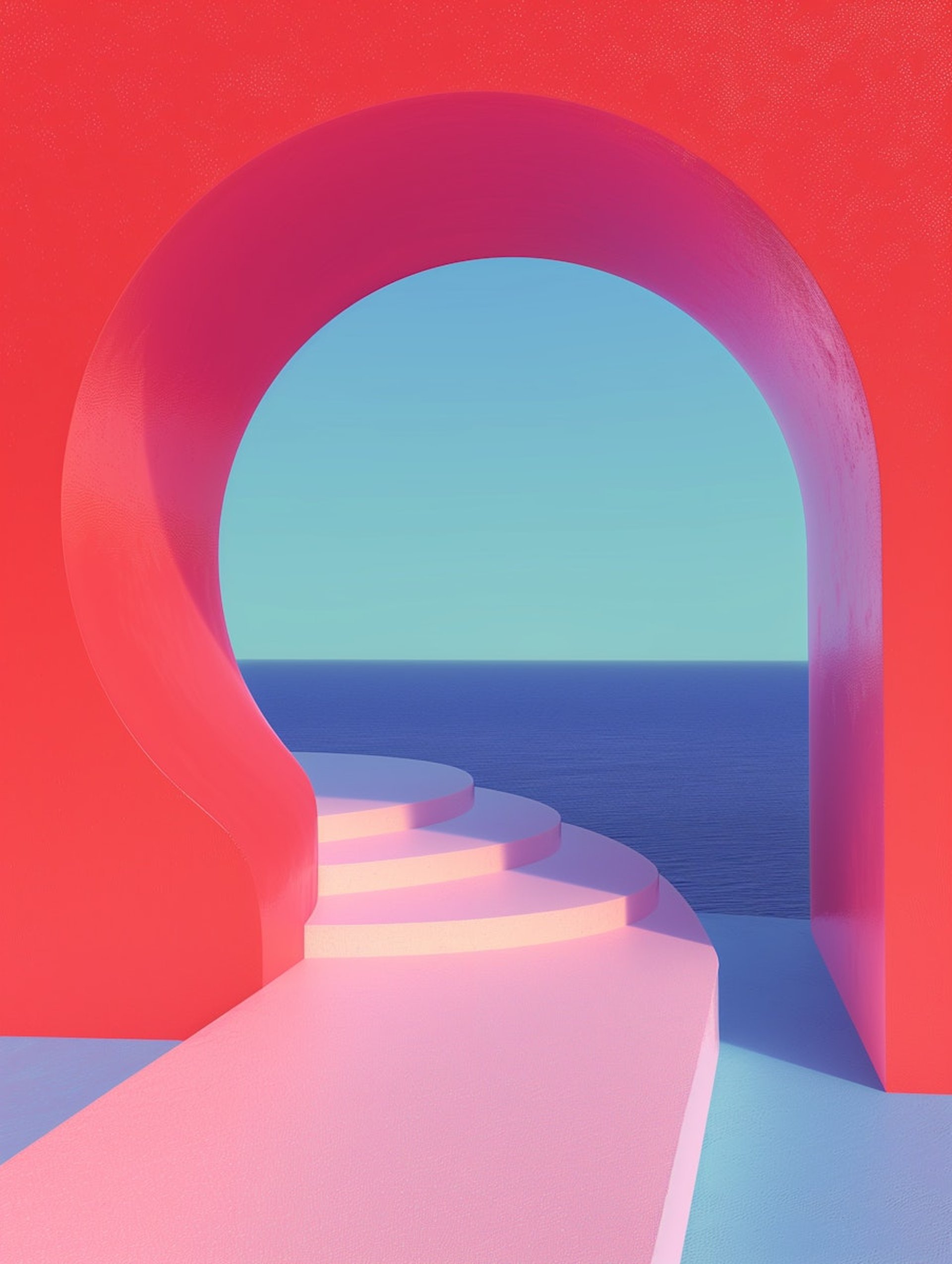 Soft surreal image of red archway and pink stairs