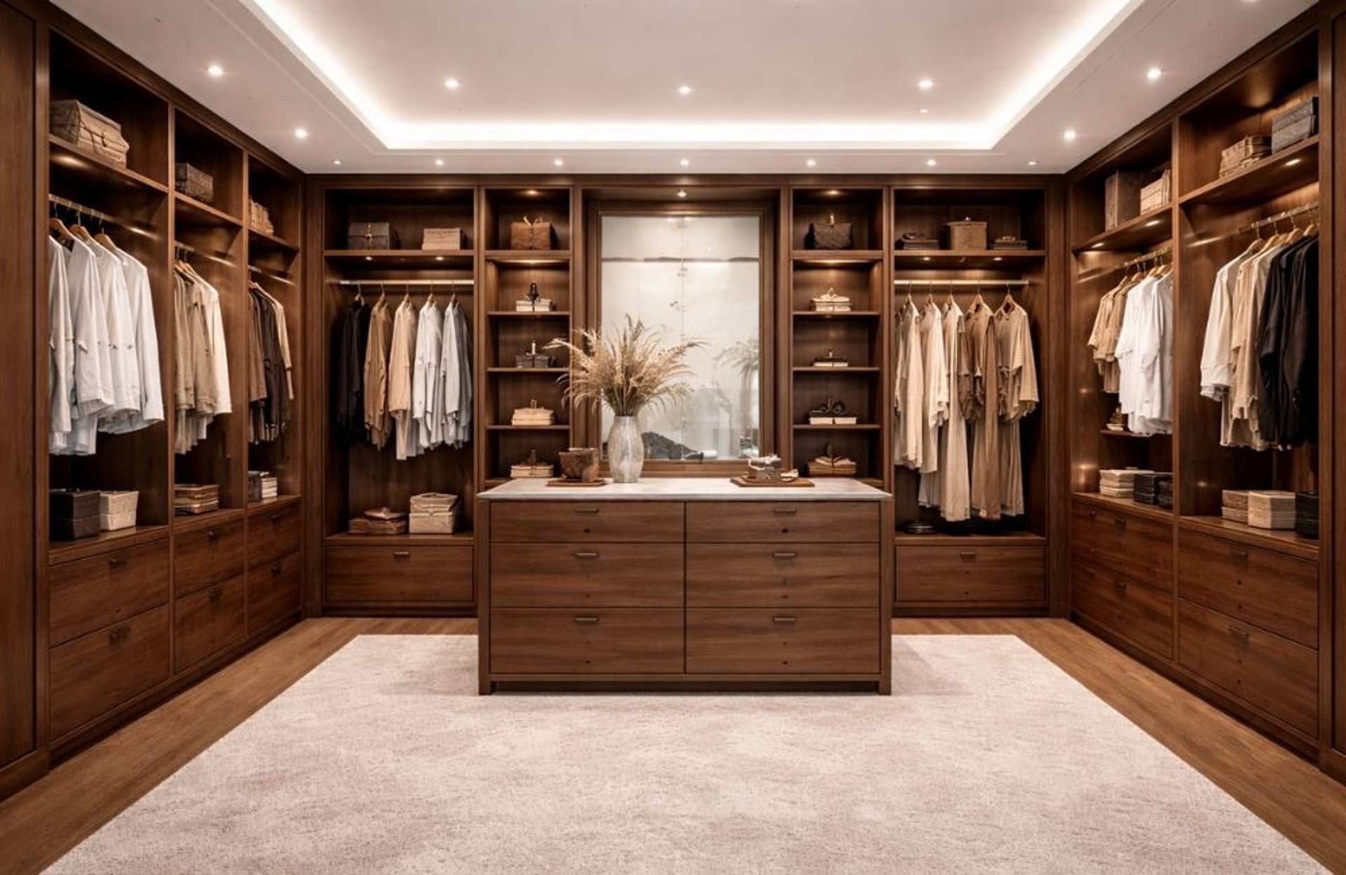 a walk in closet with a mirror and a stool