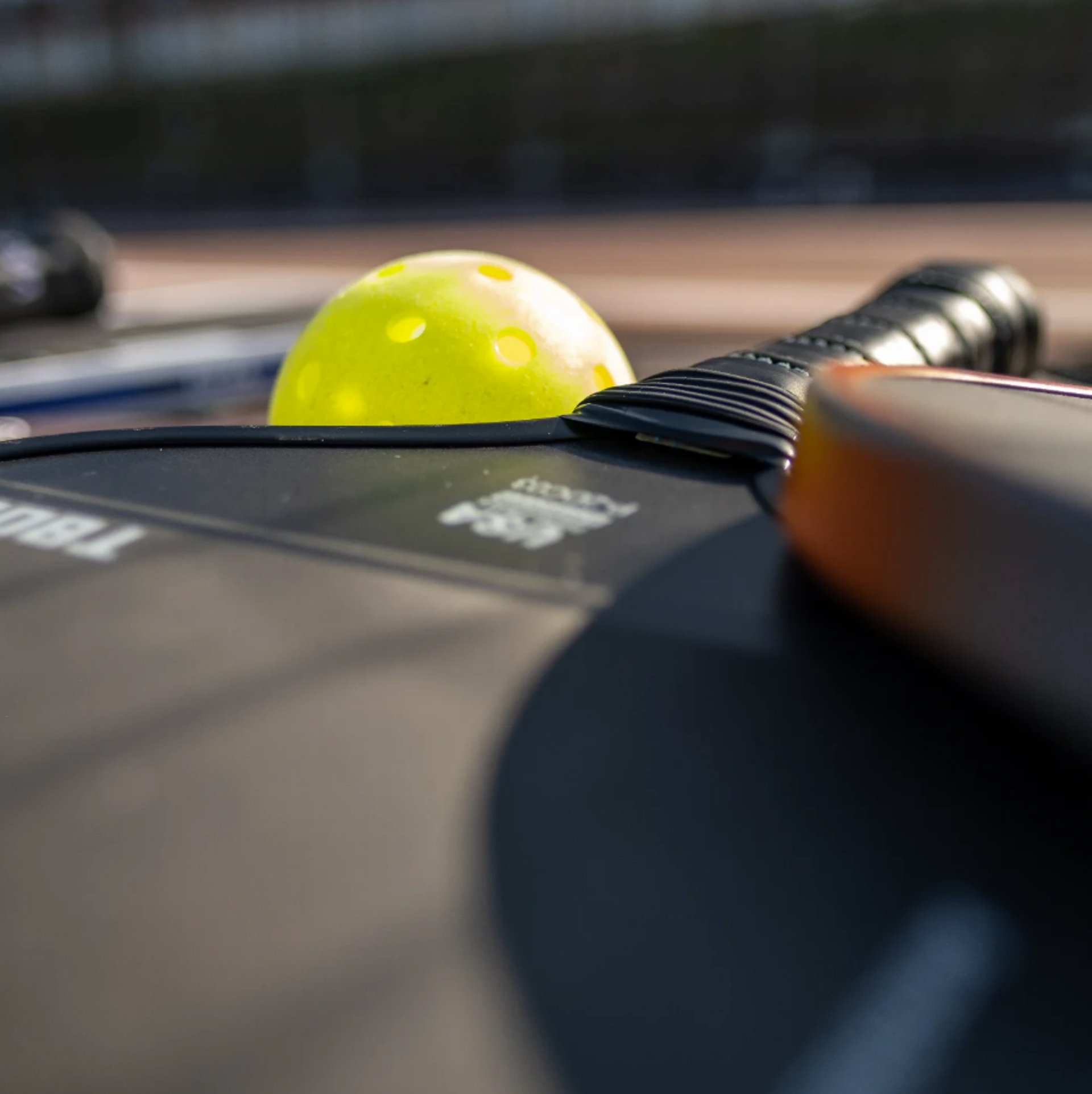 Pickleball player holds a ball with the net in view.