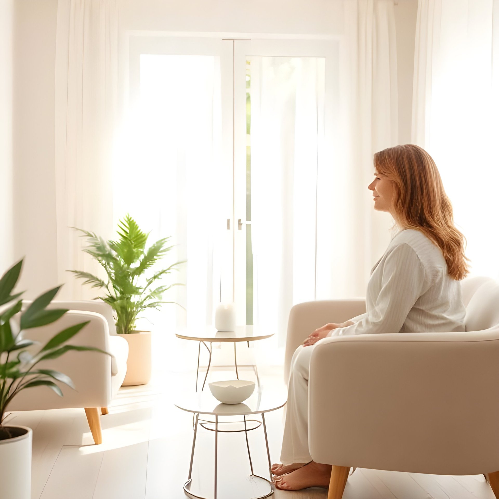 woman sitting on black chair in front of glass-panel window with white curtains
