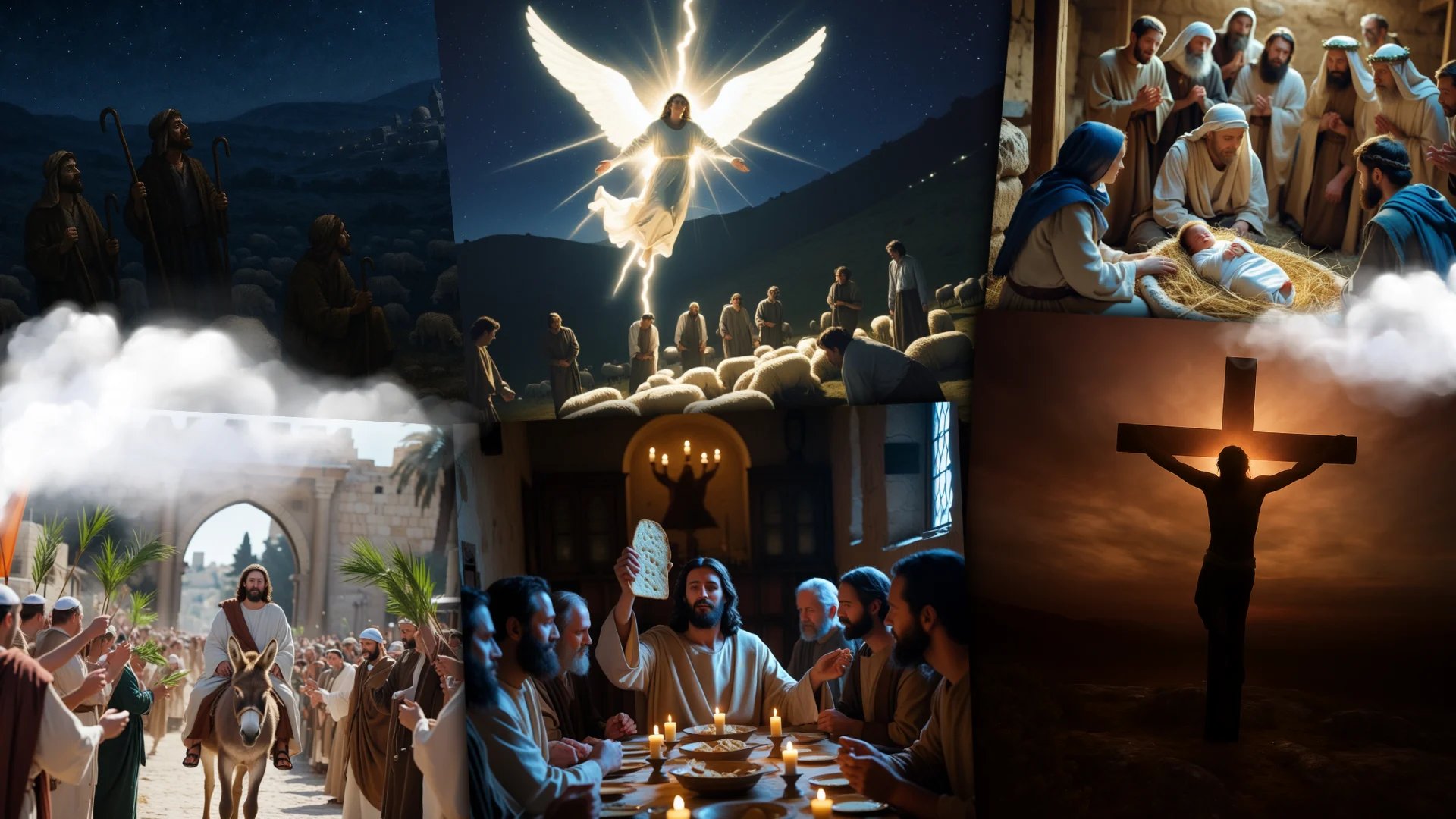 Image of a glowing angel, Jesus Christ crucified, Jesus born, last supper, palm daym shepperds and lamb