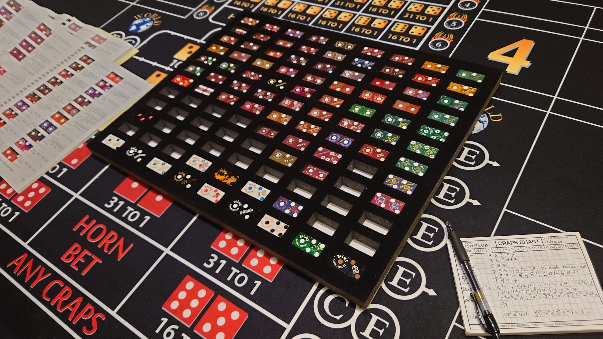 a casino table with a lot of chips on it