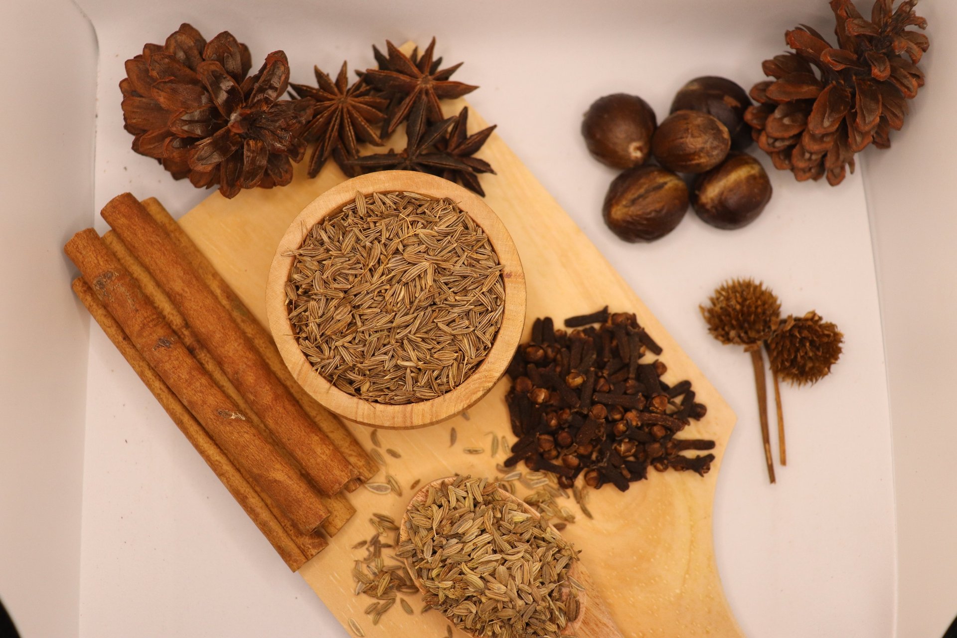 seven different spices and herbs on gray stainless steel spoons