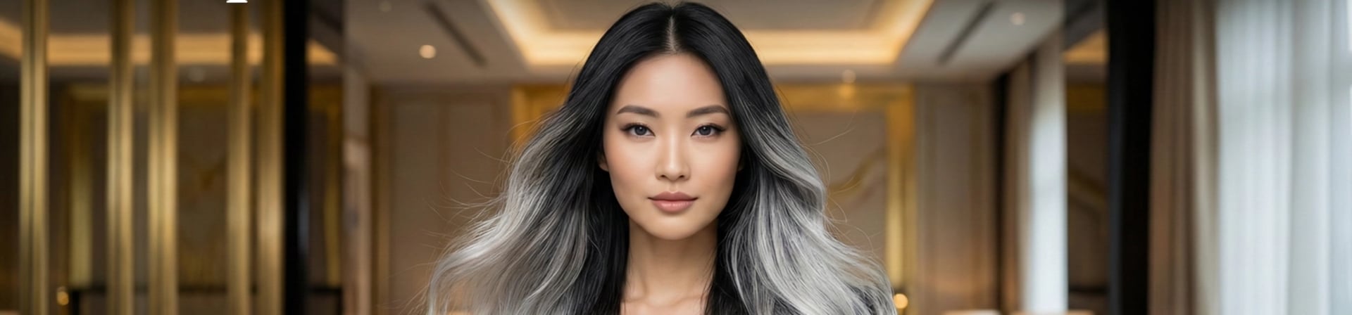 Modelo exibindo fios brancos saudáveis e cabelos acinzentados