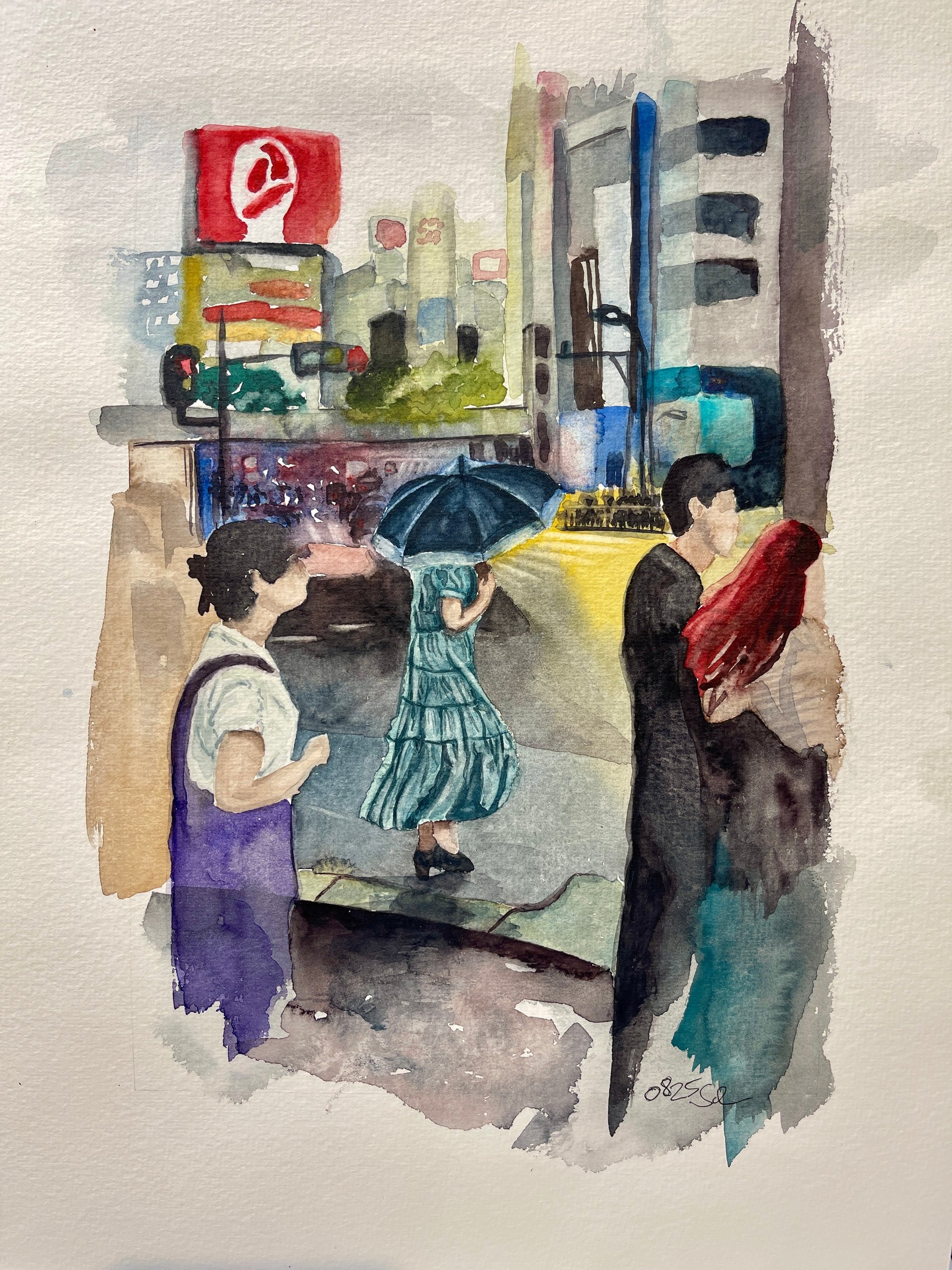 aquarell tokyo shibuja frau mit schirm bei surkow art vom maler paul surkow
