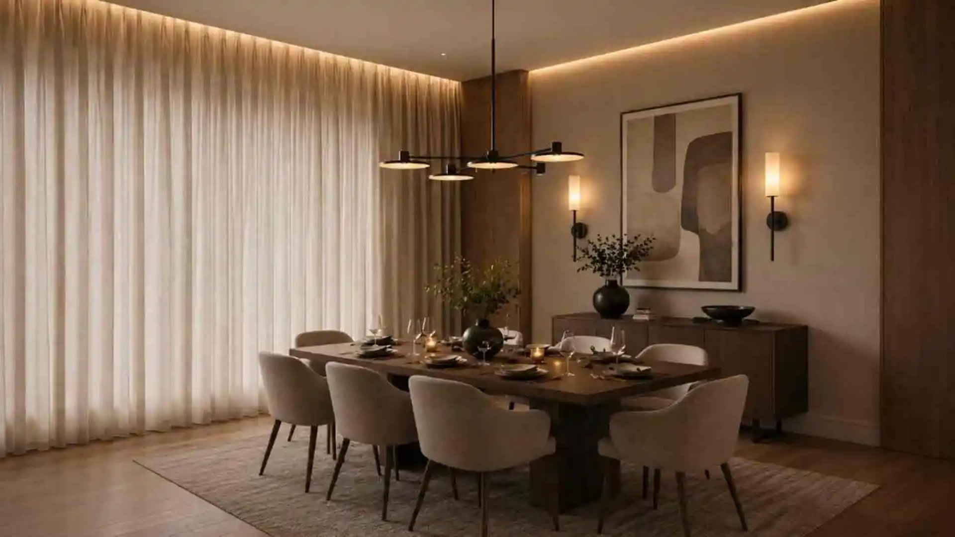 Contemporary dining room with dark wood table, upholstered chairs, soft ambient lighting, Eftelt Home Decoration