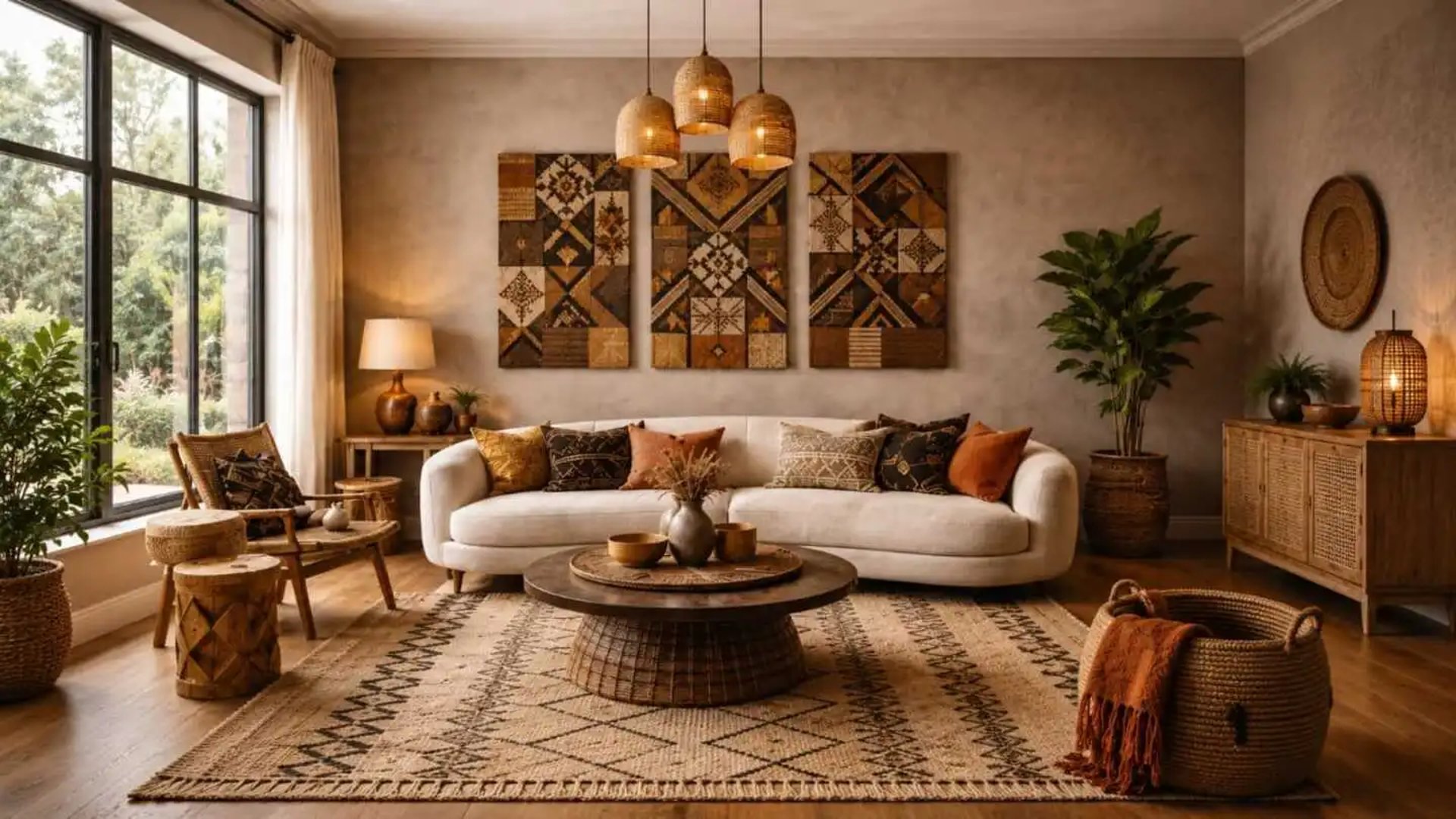 Modern Afro Boho Living Room Ideas – Warm Earth Tone Neutral Decor with Cream Sofa & Woven Textures. Eftelt Home Decoration