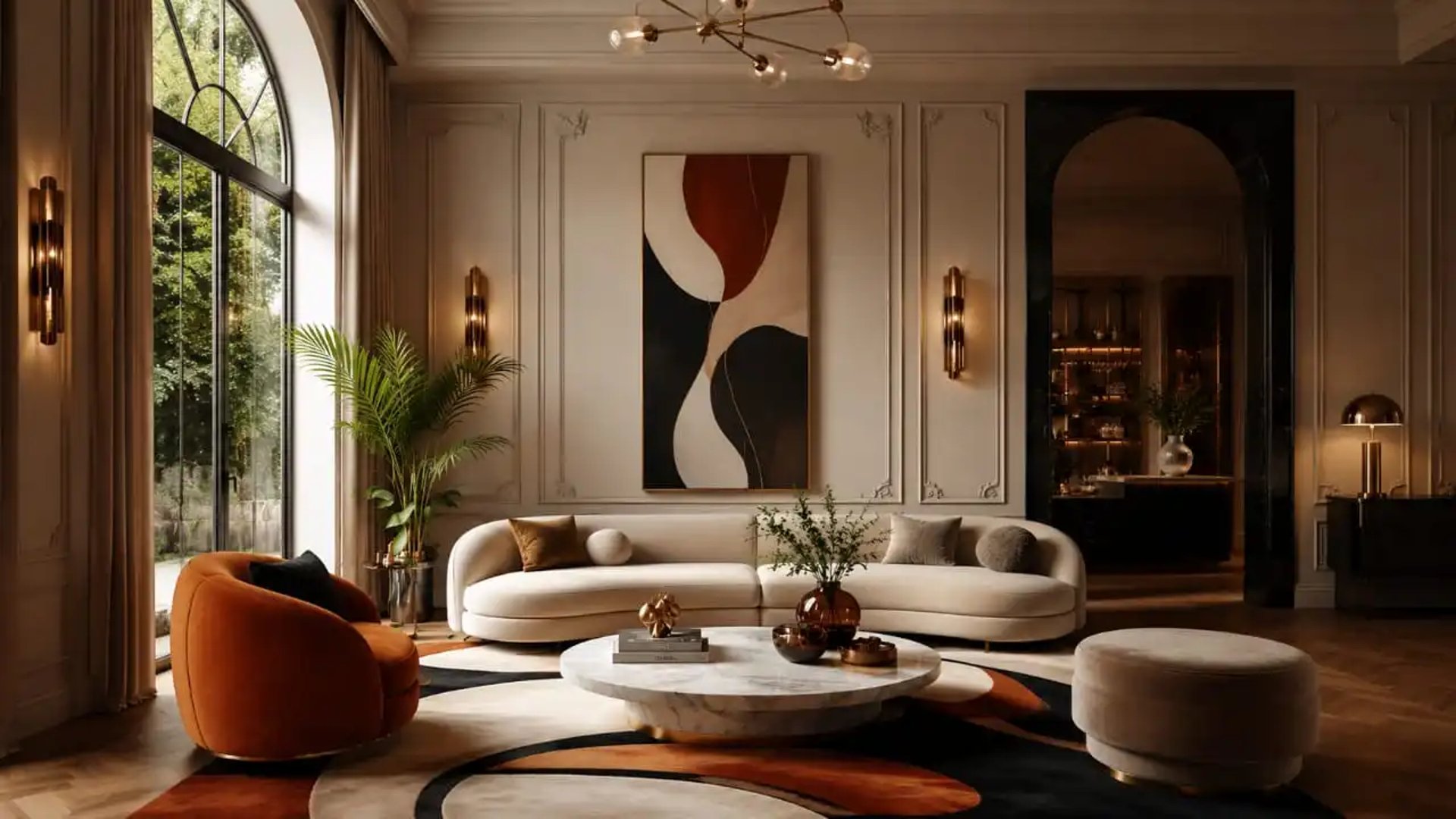 Modern neo-Deco living room, soft luxury, aesthetic with contemporary Art Deco influence. Eftelt Home Decoration