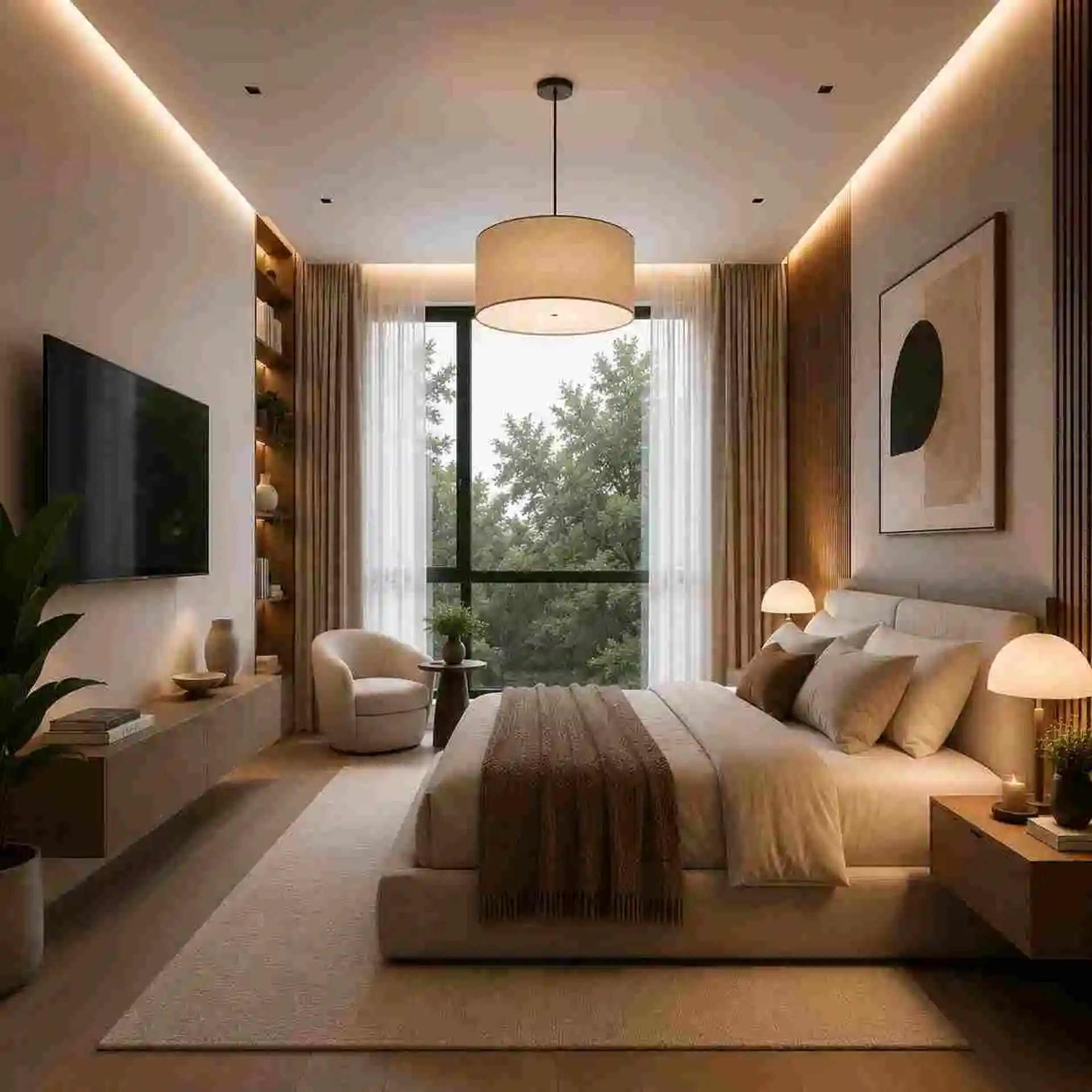 Modern bedroom with neutral decor, upholstered bed, warm wood accents, contemporary lighting, Modern bedroom decor. Eftelt 