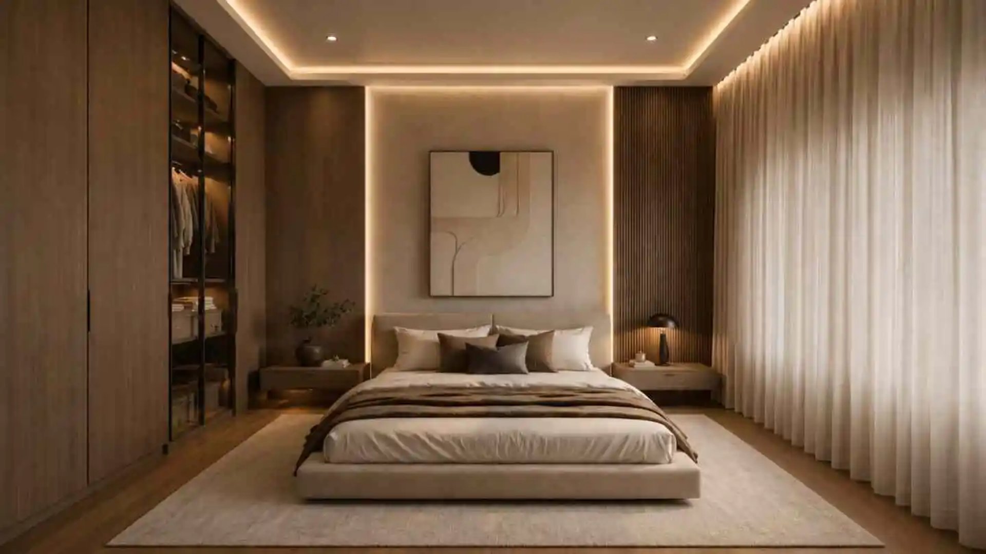 Modern contemporary bedroom with upholstered platform bed, warm LED lighting, full-height curtains, Eftelt Home Decoration