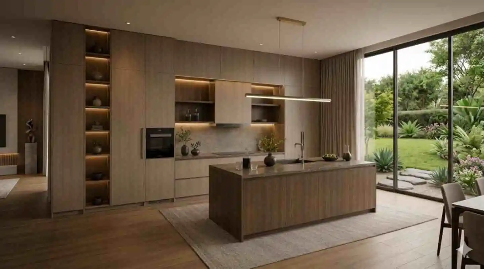 Modern Contemporary Kitchen Design with Large Wood Island, Minimal Cabinetry & Warm Luxury Interiors.Eftelt Home Decoration