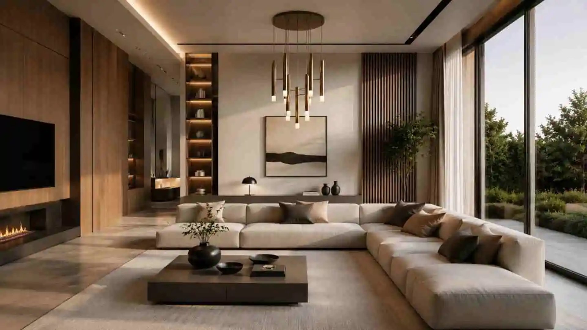 Luxury contemporary living room with oversized sectional sofa, wood wall panels, ambient lighting, Eftelt Home Decoration