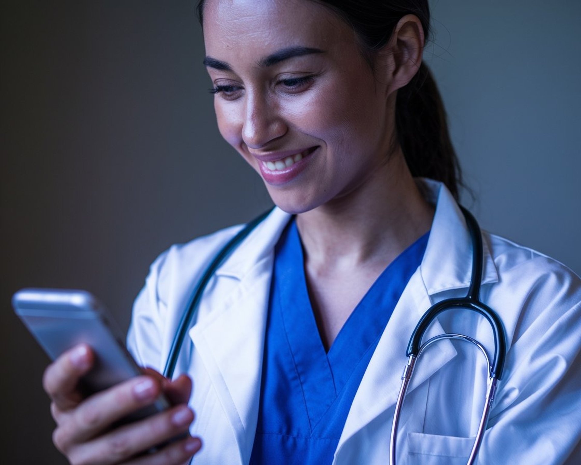 a woman in a white shirt holding a stethoscope