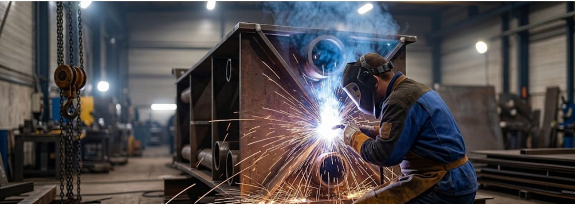 Welder working in a dark industrial setting