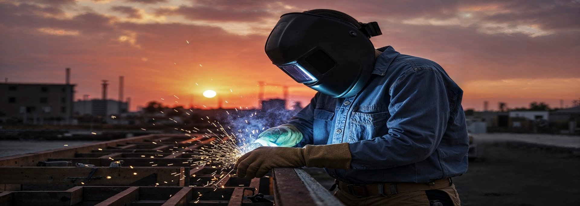 Welder working in a dark industrial setting