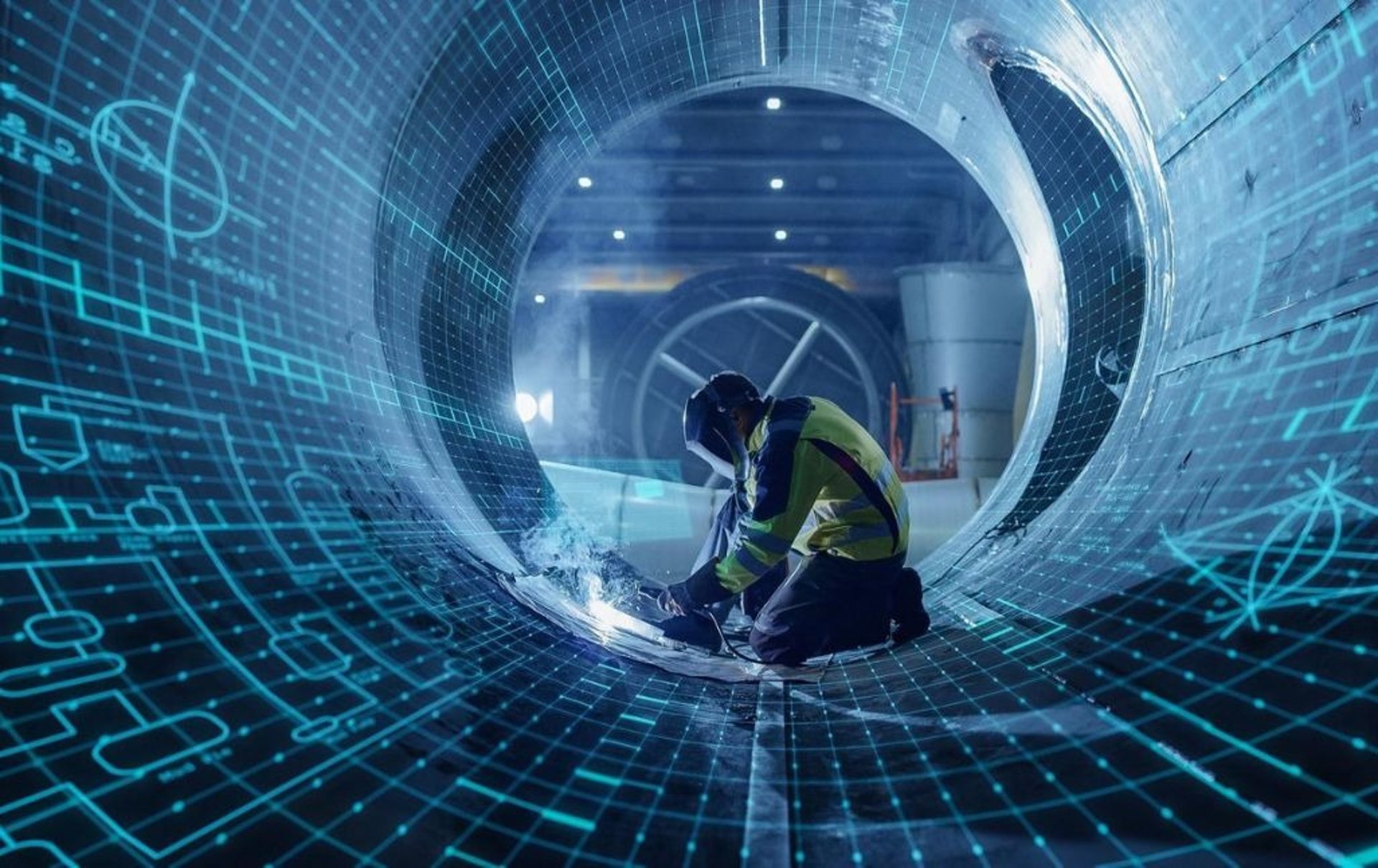 Welder working in a dark industrial setting