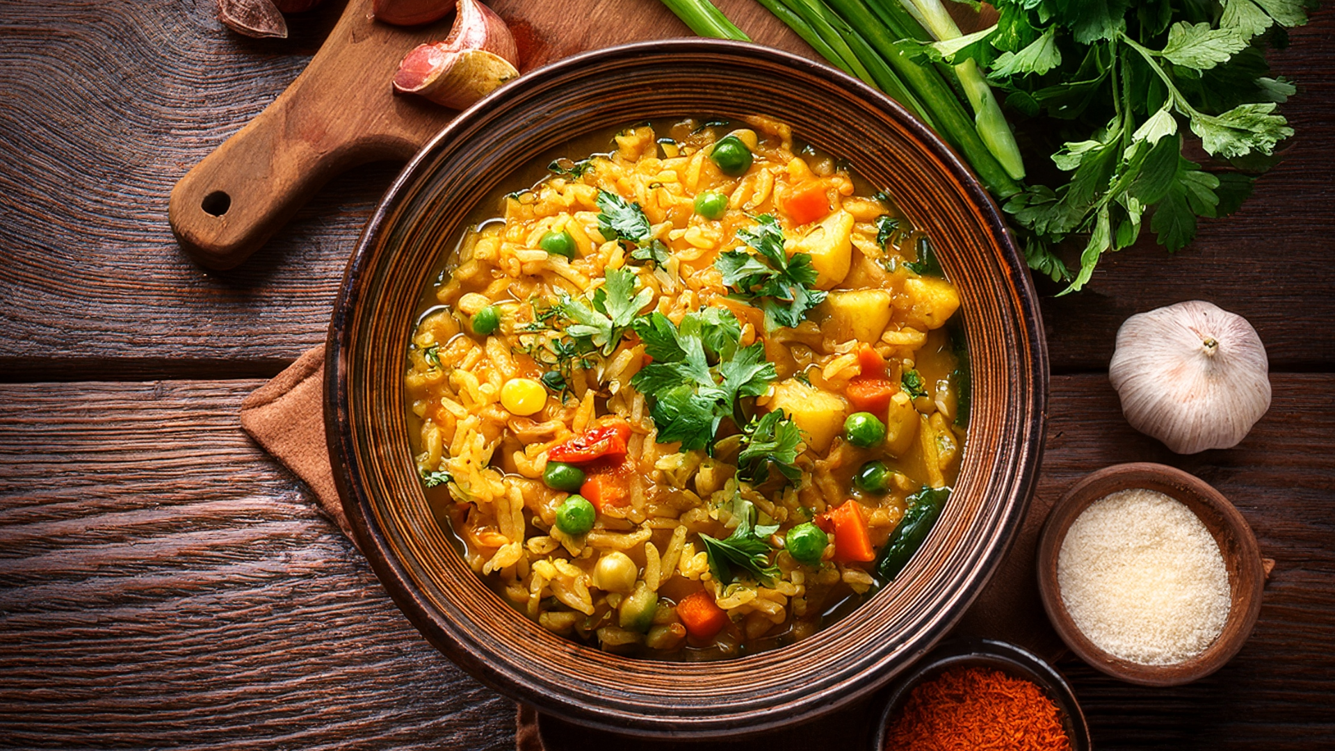 A bowl of healthy Khichdi, a staple in North Indian House holds. The Goodness of vegetables and lentils, spices in a bowl