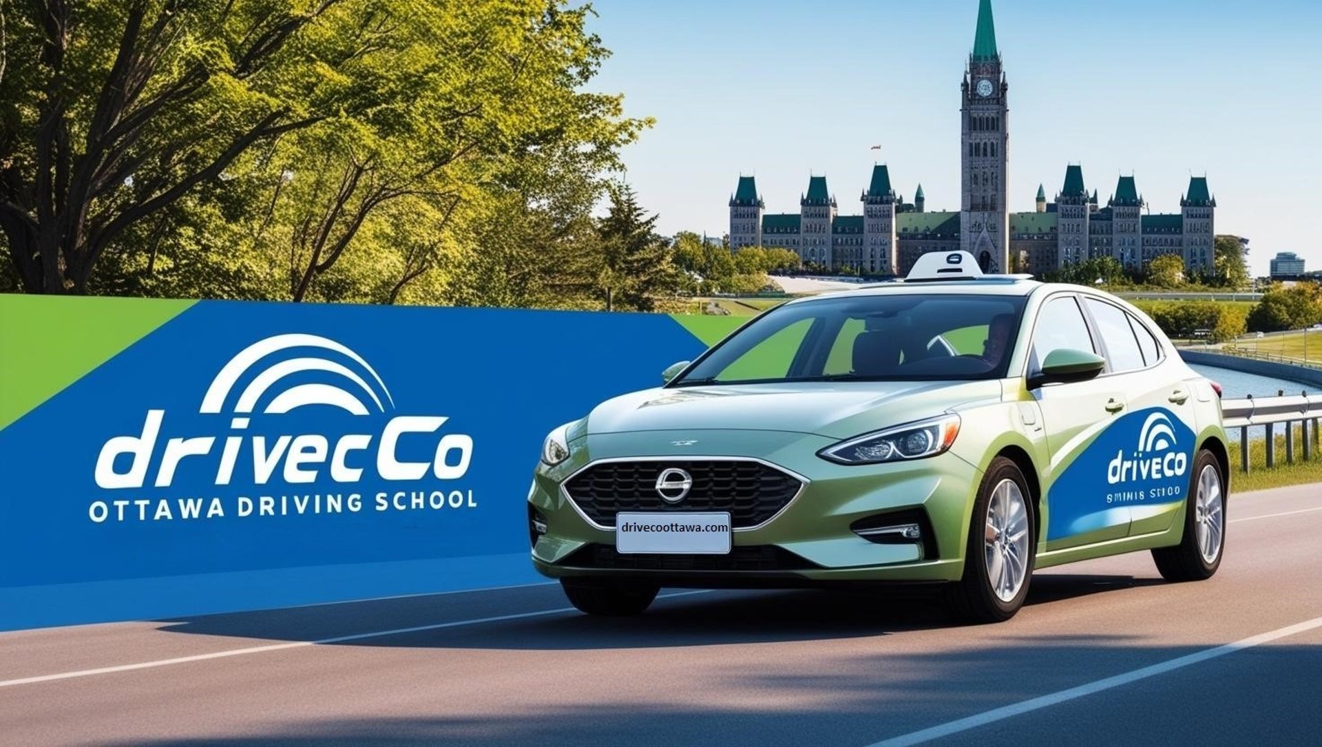 green-car-with-drivecoa-logo.-large-sign-reads-adriveco-ottawa-driving-school.a-parliament-hill-is-visible-in-the-background