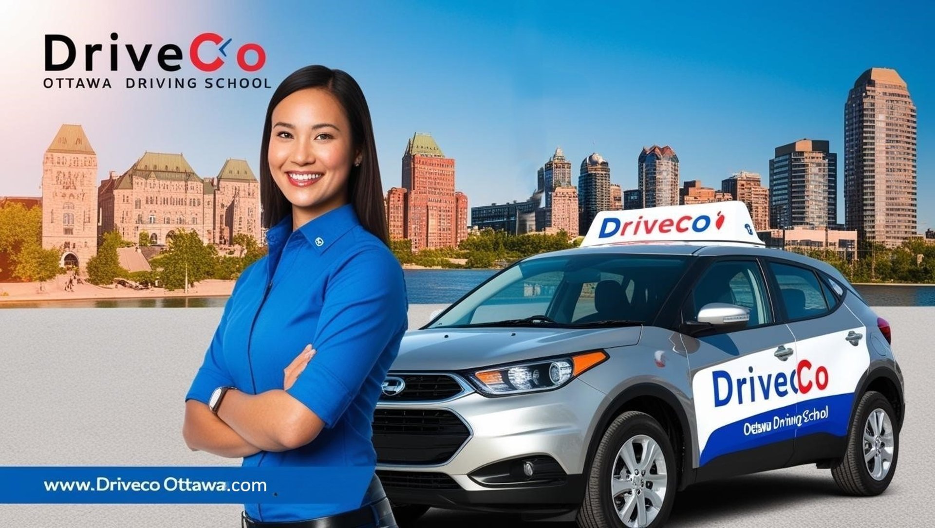smiling-woman-in-a-blue-shirt-stands-with-arms-crossed-in-front-of-a-driveco-ottawa-d.-city-skyline-in-the-background.-Yan1Bg