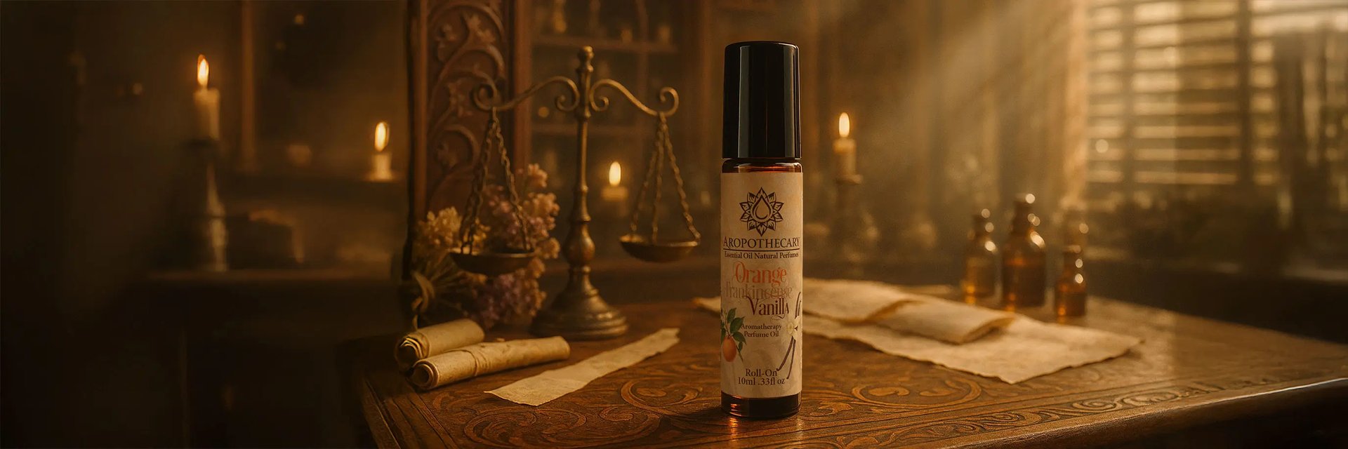 Aropothecary web banner. Bottle in vintage apothecary setting. 