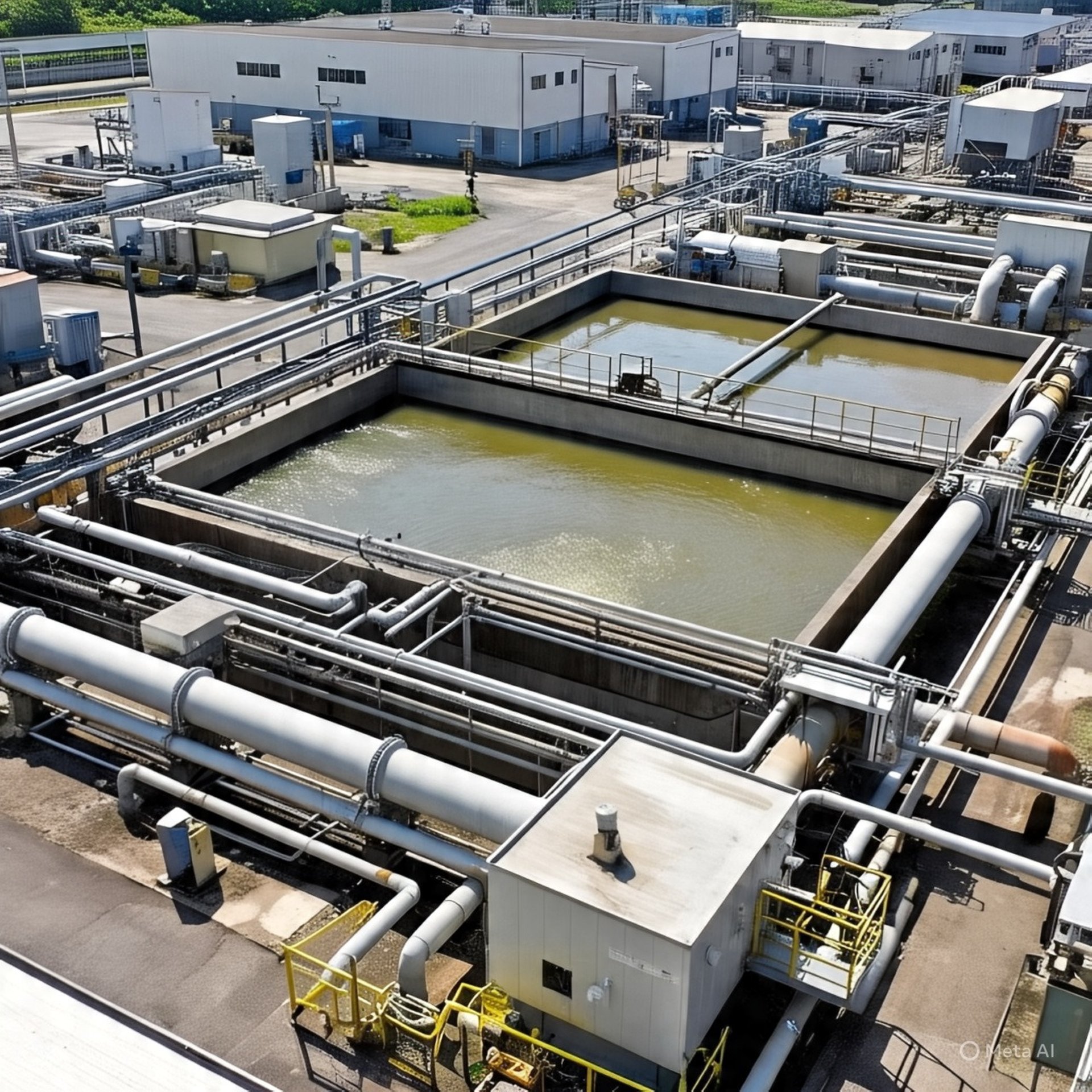 Infraestructura de tratamiento de aguas residuales con tanques de sedimentación y redes hidráulicas industriales.